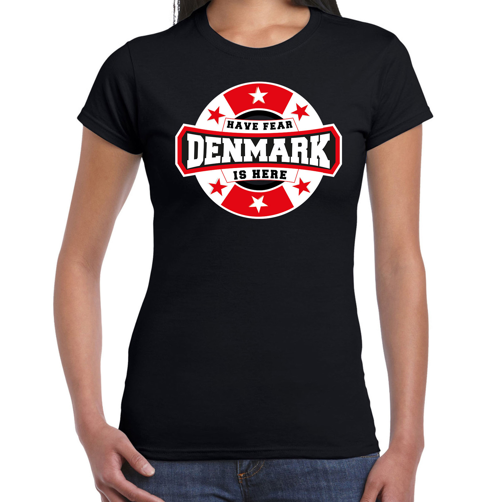 Have fear Denmark is here-Denemarken supporter t-shirt zwart voor dames