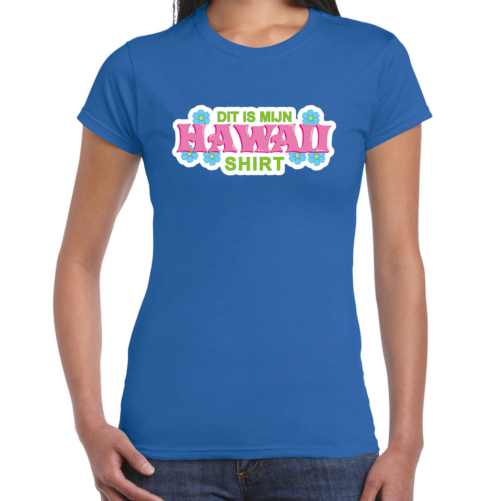 Hawaii shirt zomer t-shirt blauw met roze letters voor dames