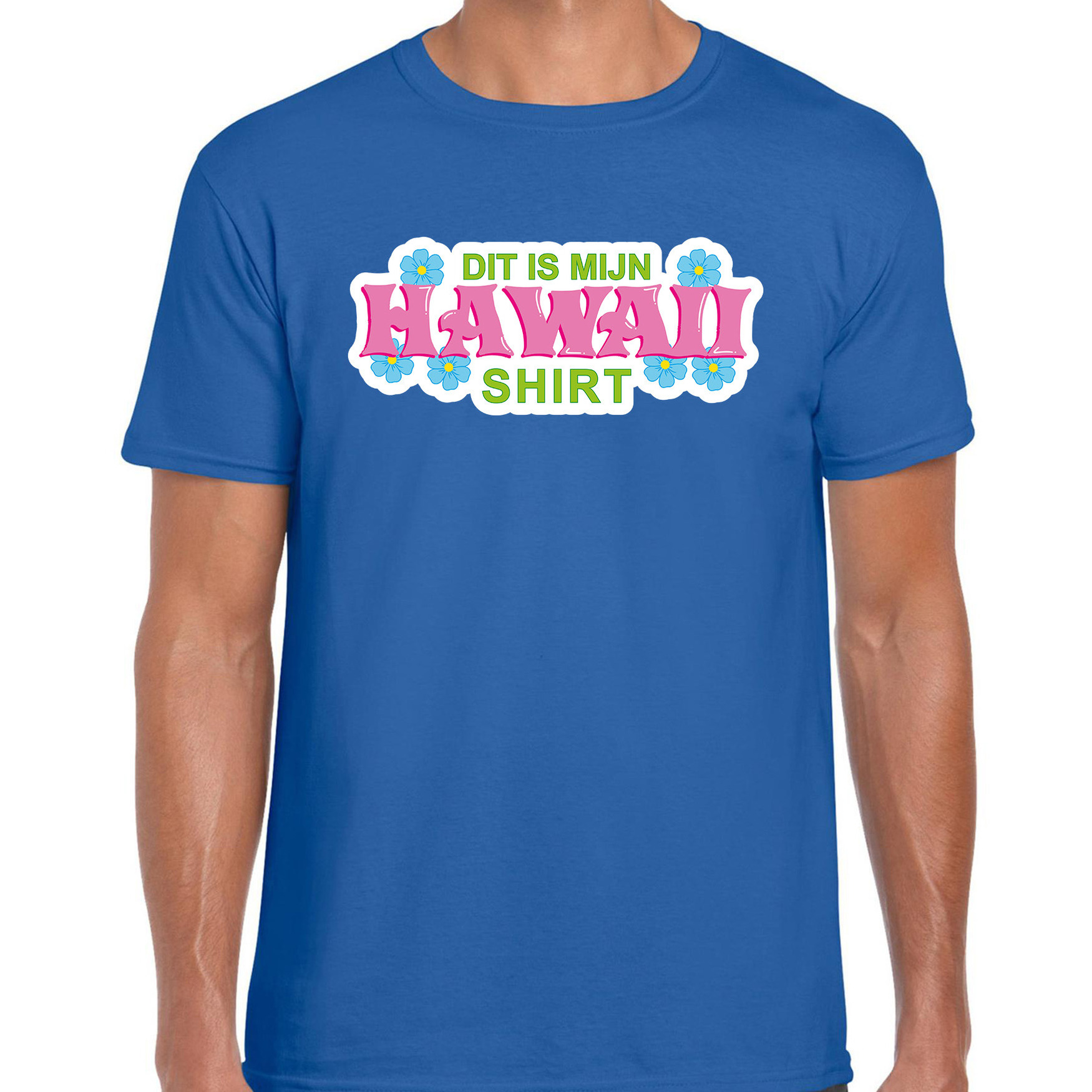 Hawaii shirt zomer t-shirt blauw met roze letters voor heren