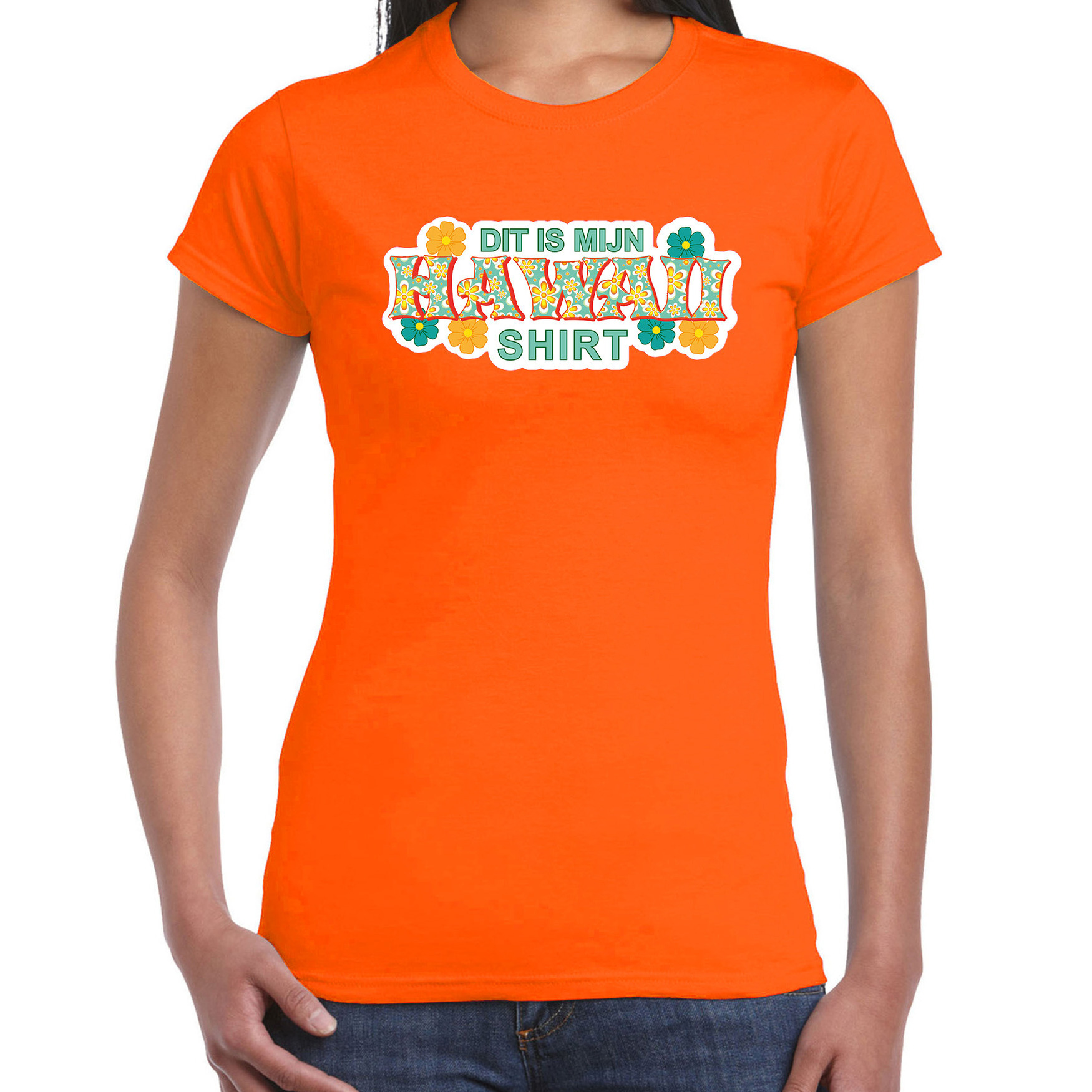 Hawaii shirt zomer t-shirt oranje met groene letters voor dames