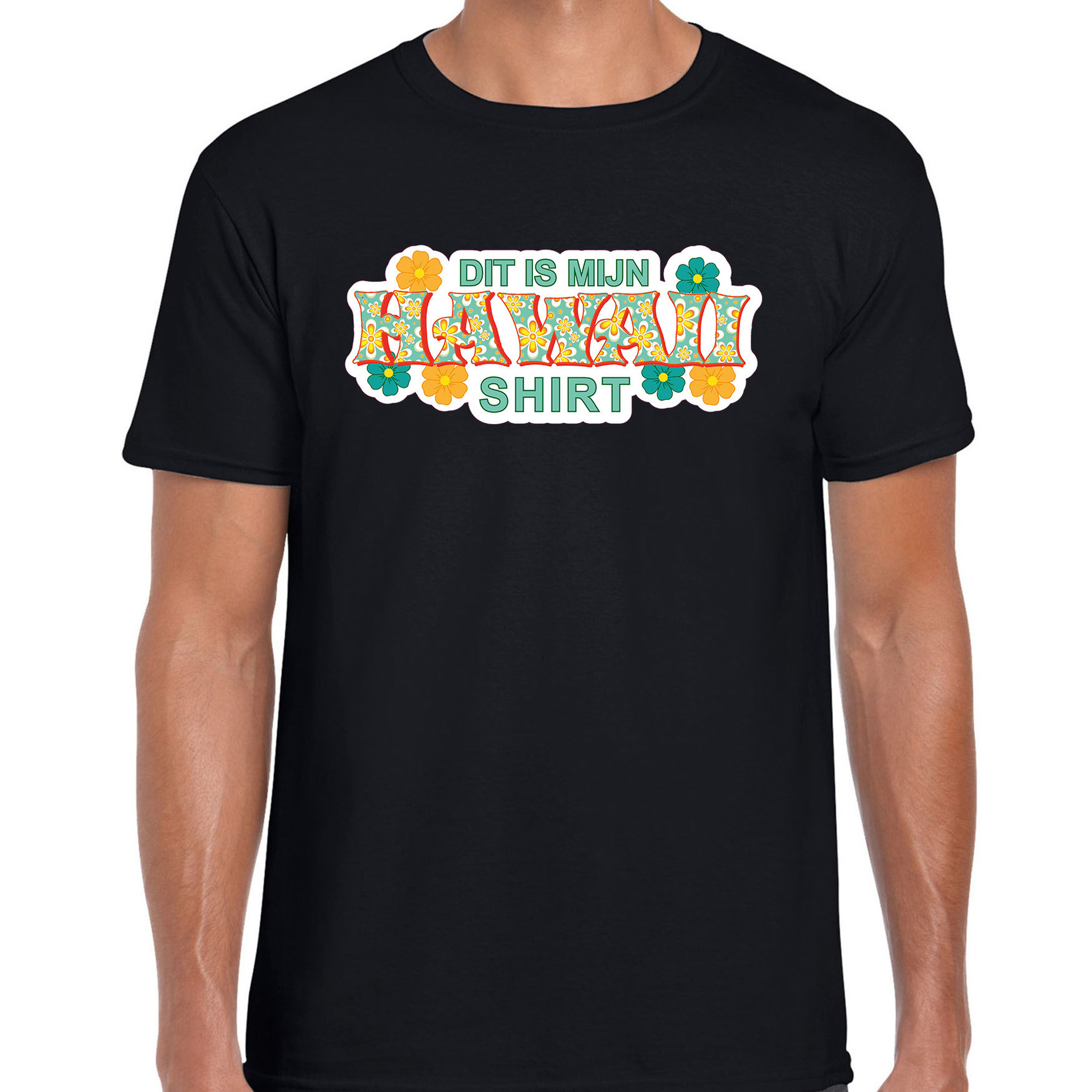 Hawaii shirt zomer t-shirt zwart met groene letters voor heren