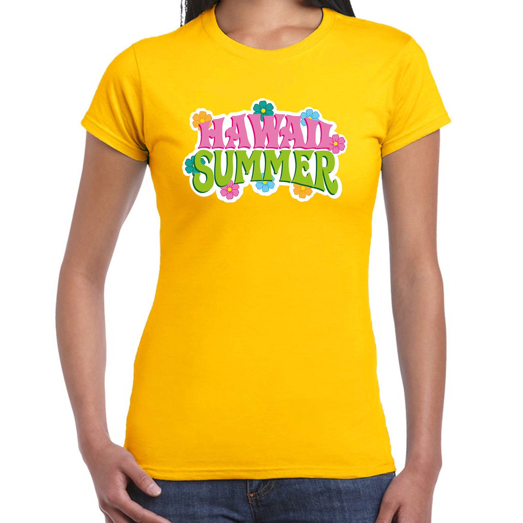 Hawaii summer t-shirt geel voor dames