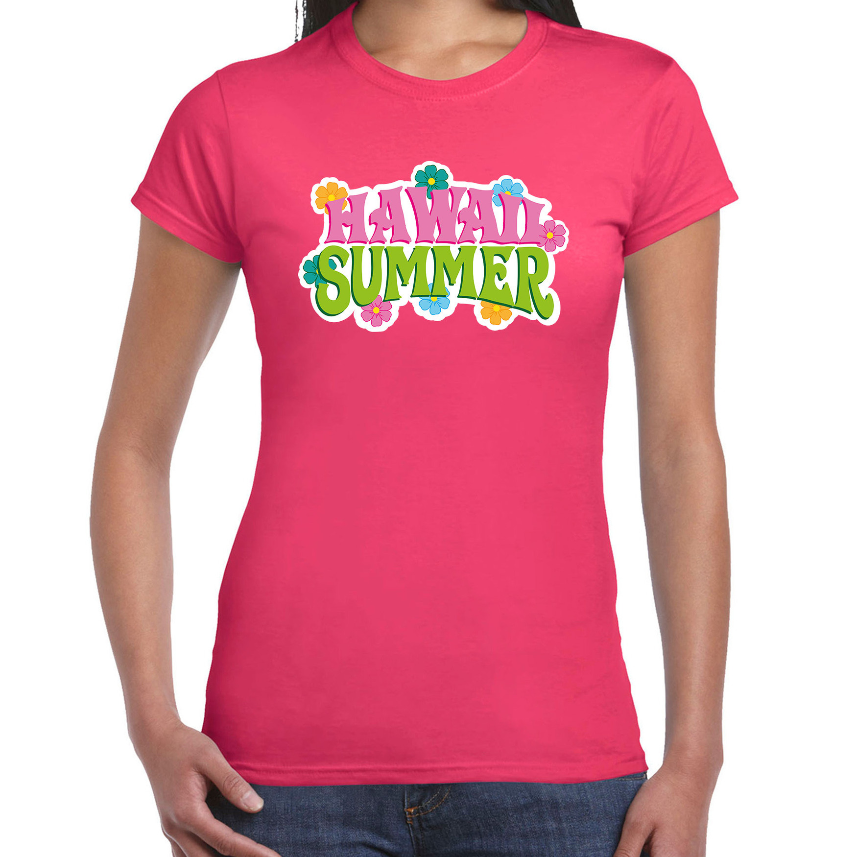Hawaii summer t-shirt roze voor dames