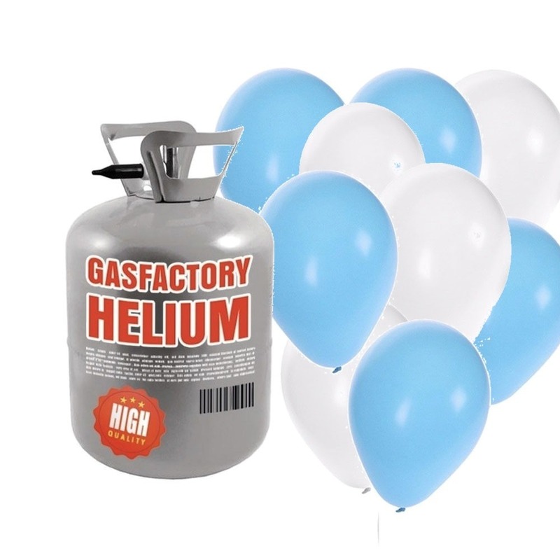 Helium tank met blauwe en witte ballonnen 30 stuks