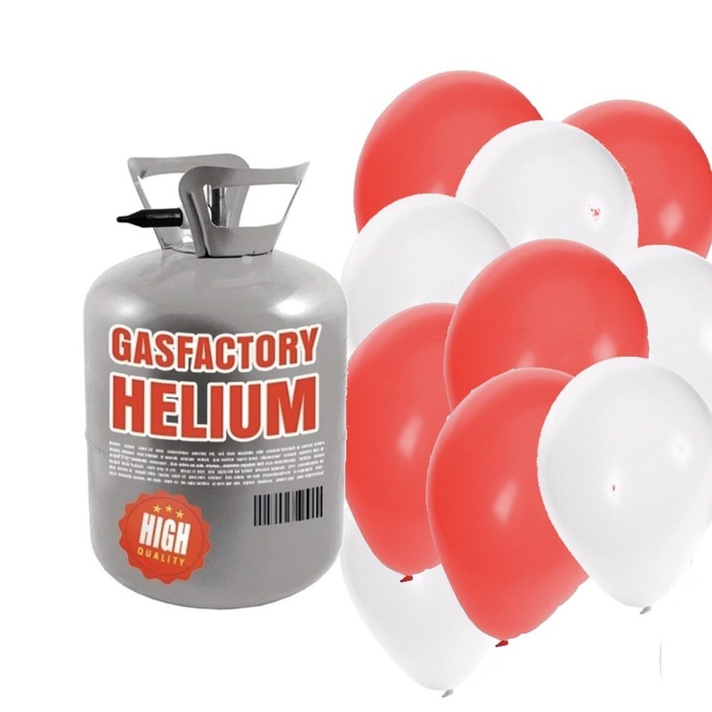 Helium tank met rode en witte ballonnen 50 stuks
