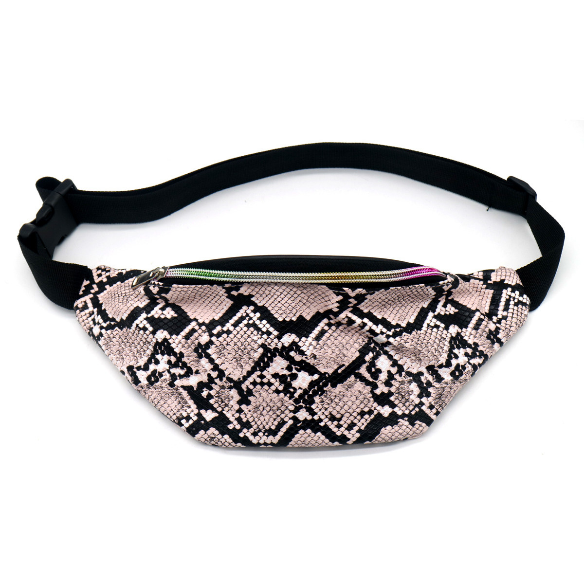 Hip heuptasje-fanny pack-schoudertasje zwart-roze slangenprint dierenprint 32 cm nep leer
