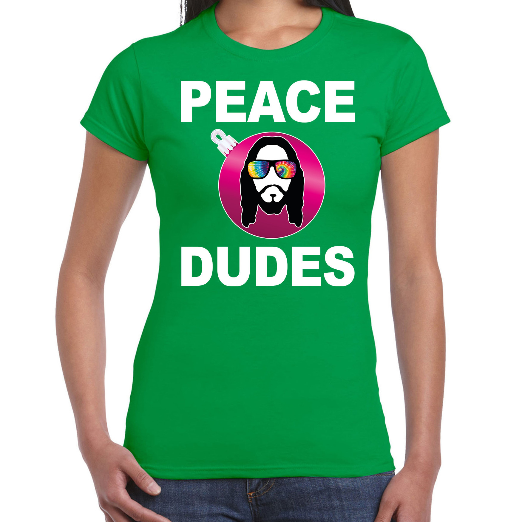 Hippie jezus Kerstbal shirt-Kerst outfit peace dudes groen voor dames