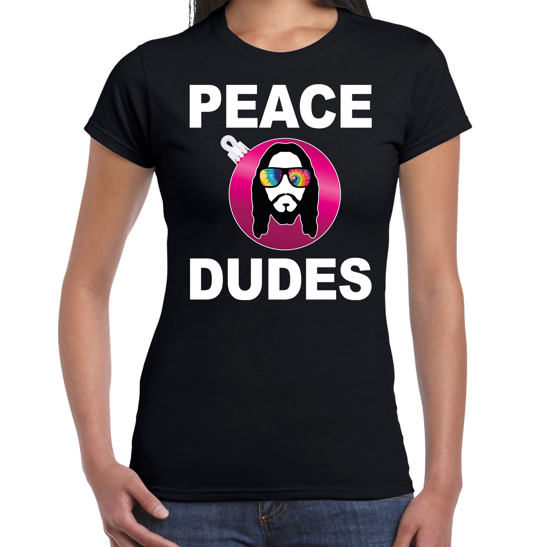 Hippie jezus Kerstbal shirt-Kerst outfit peace dudes zwart voor dames