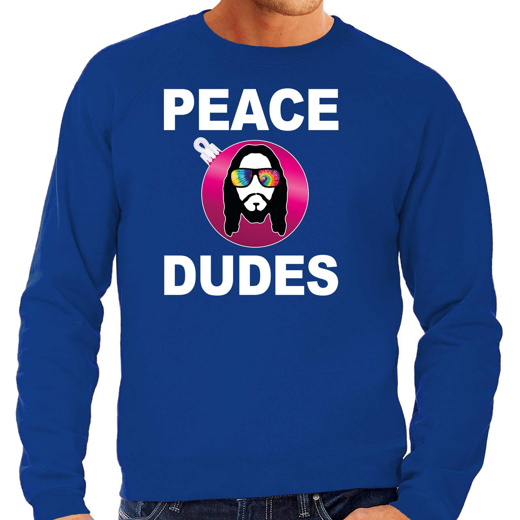 Hippie jezus Kerstbal sweater-Kerst outfit peace dudes blauw voor heren