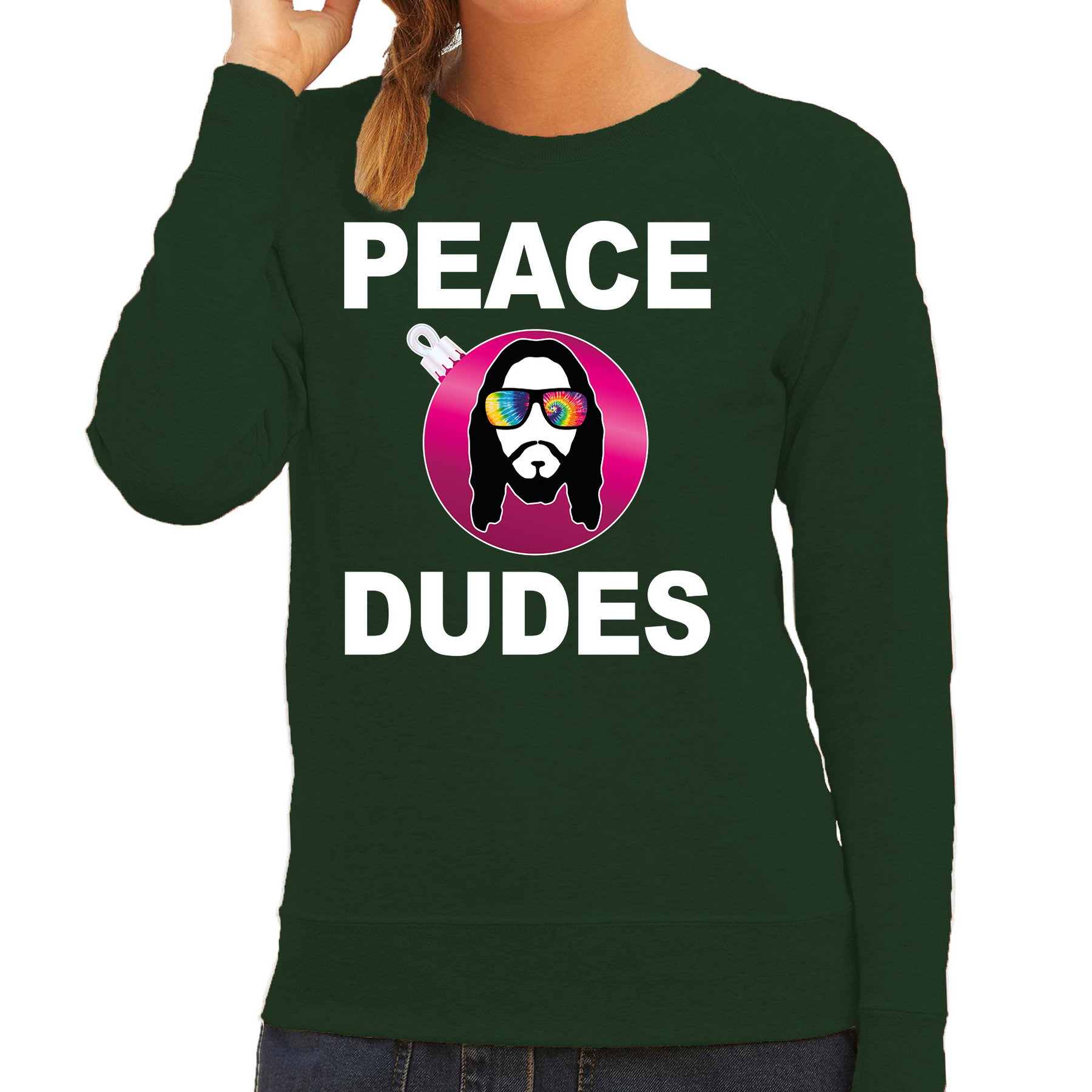 Hippie jezus Kerstbal sweater-Kerst outfit peace dudes groen voor dames