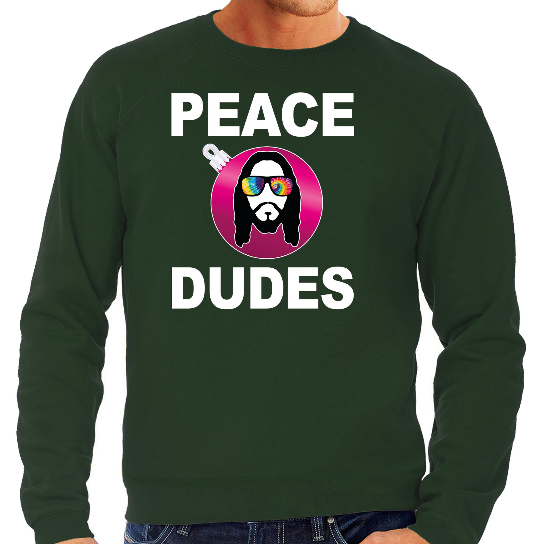 Hippie jezus Kerstbal sweater-Kerst outfit peace dudes groen voor heren