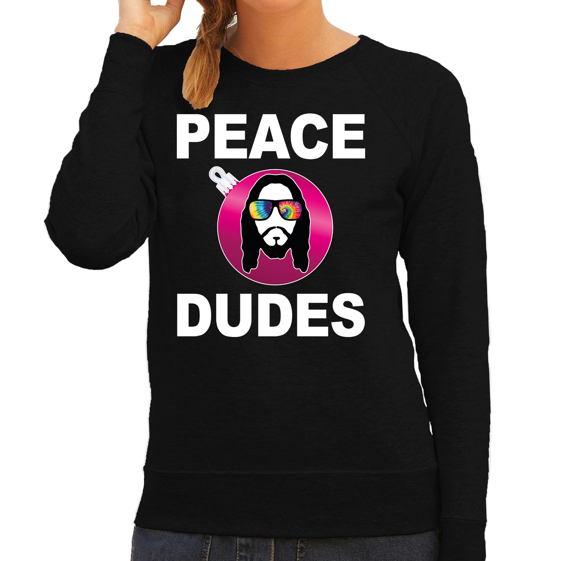 Hippie jezus Kerstbal sweater-Kerst outfit peace dudes zwart voor dames