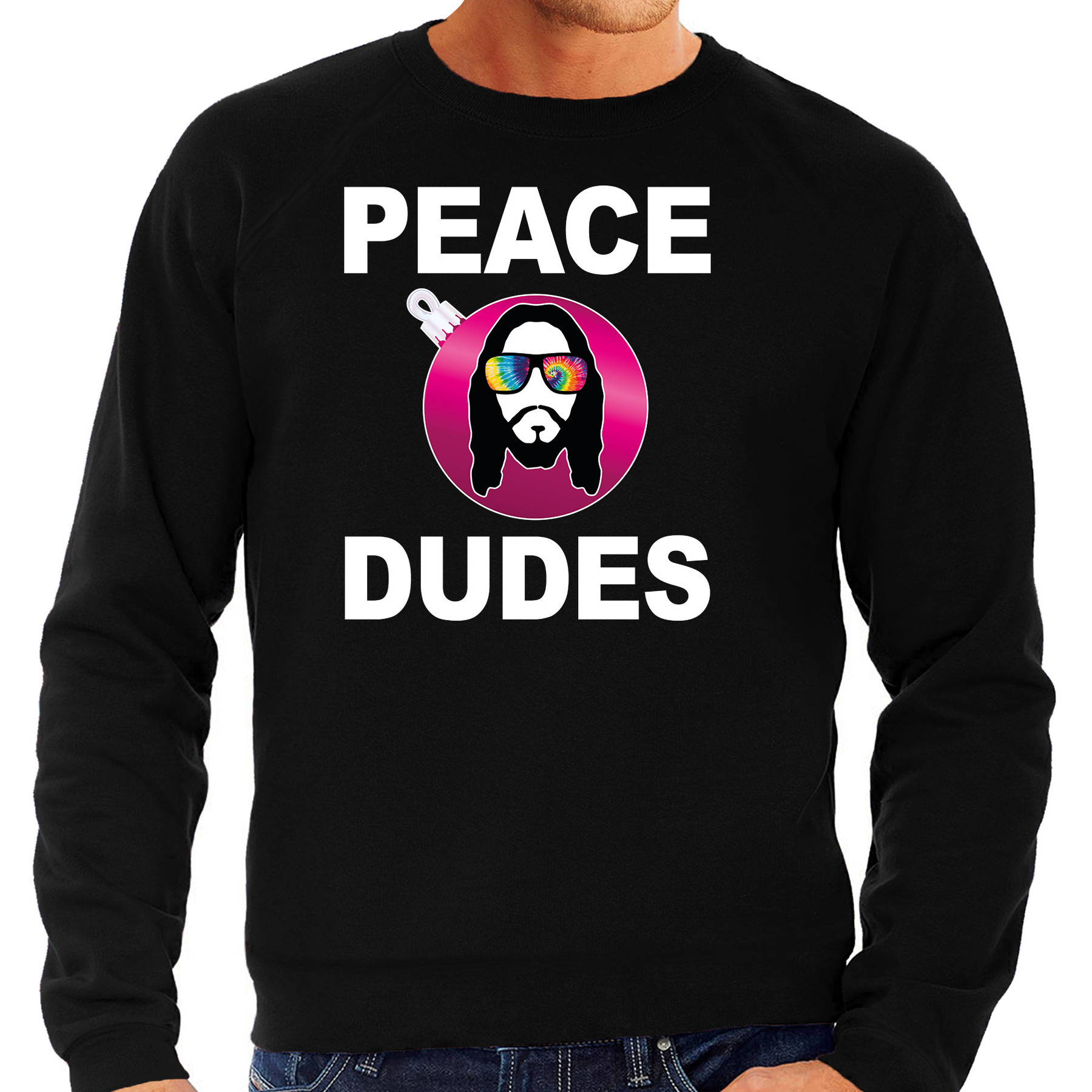Hippie jezus Kerstbal sweater-Kerst outfit peace dudes zwart voor heren