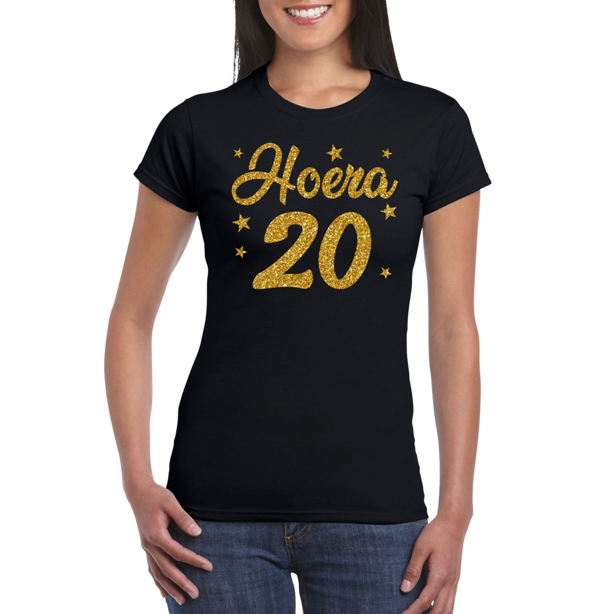 Hoera 20 jaar verjaardag cadeau t-shirt goud glitter op zwart dames