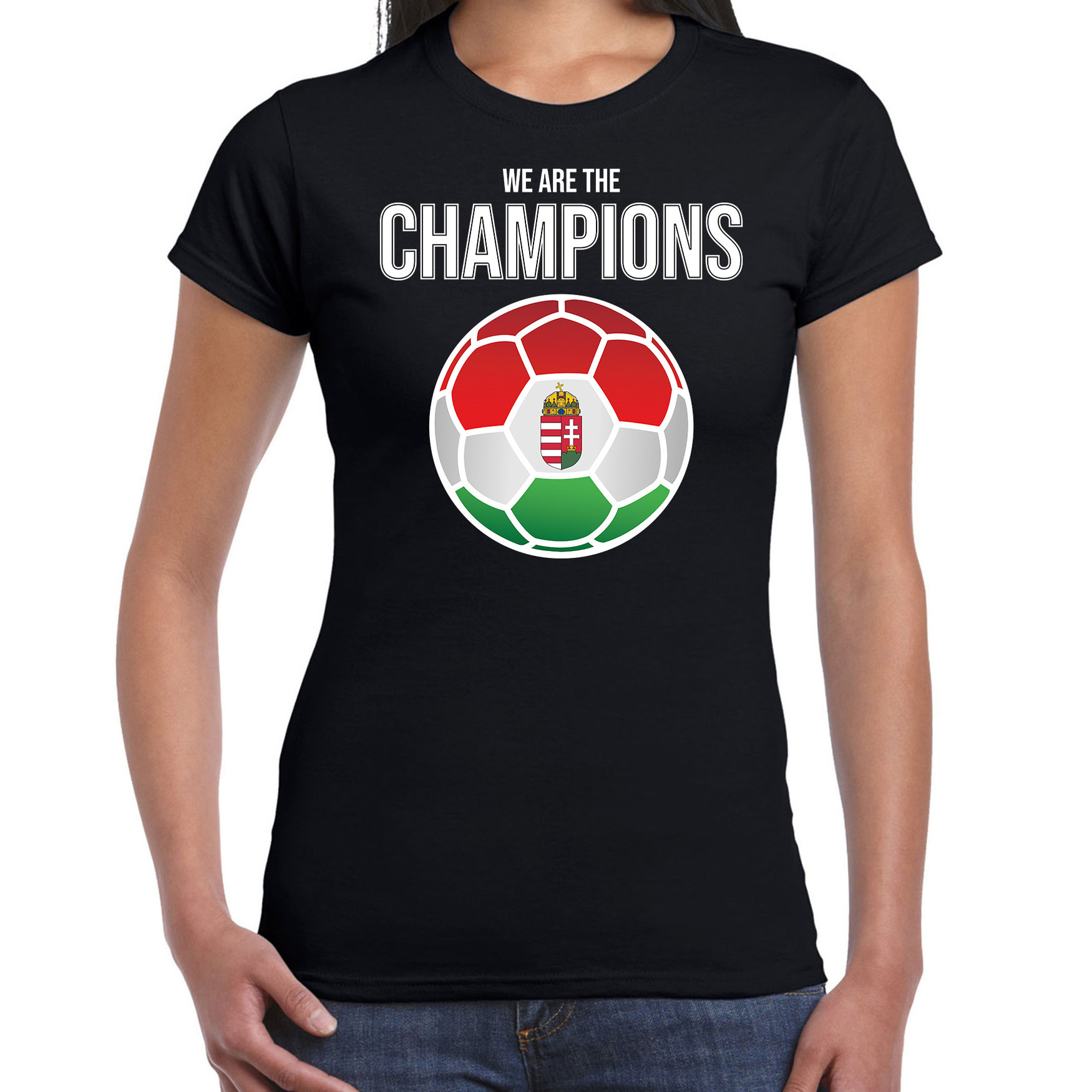 Hongarije EK- WK supporter t-shirt we are the champions met Hongaarse voetbal zwart dames