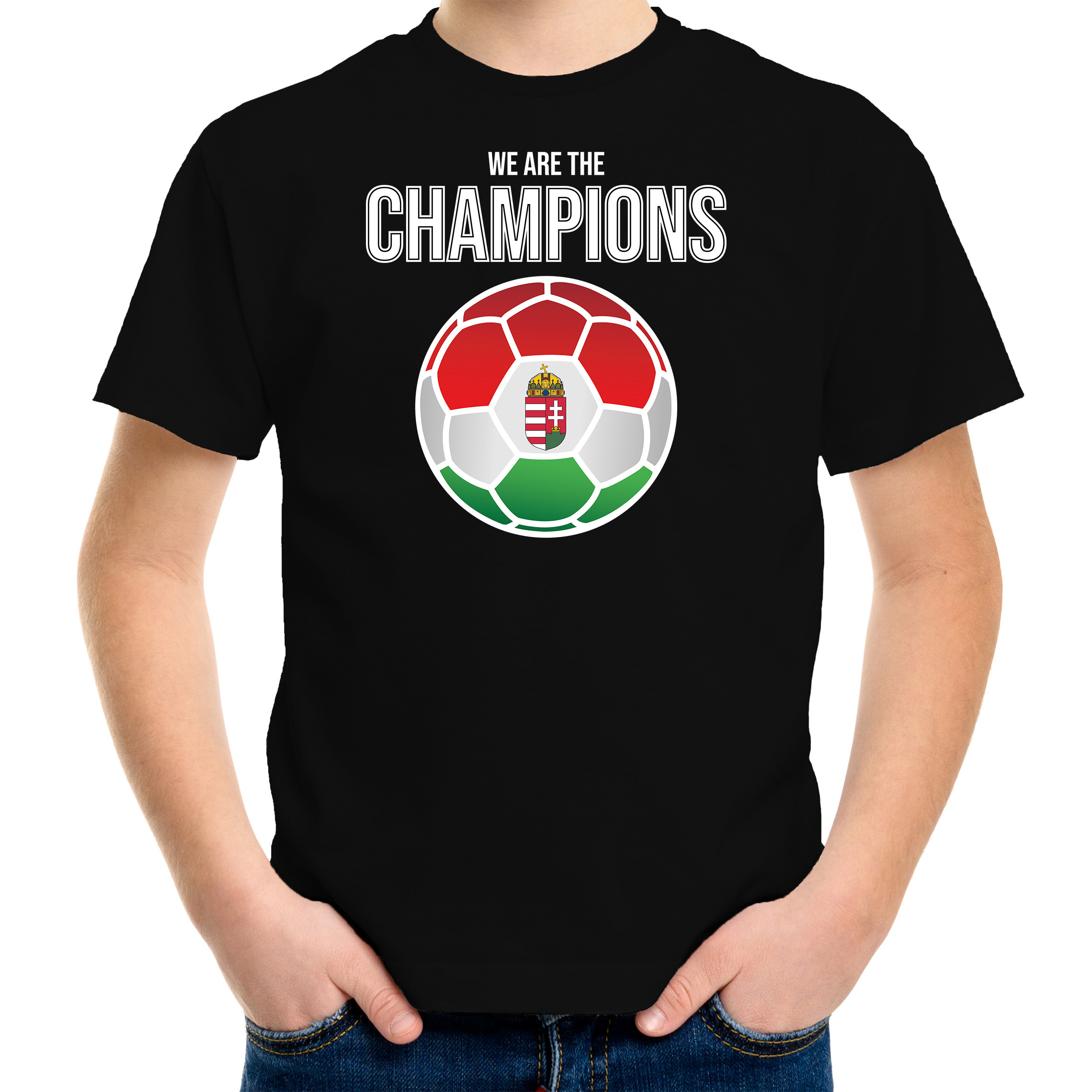 Hongarije EK- WK supporter t-shirt we are the champions met Hongaarse voetbal zwart kinderen
