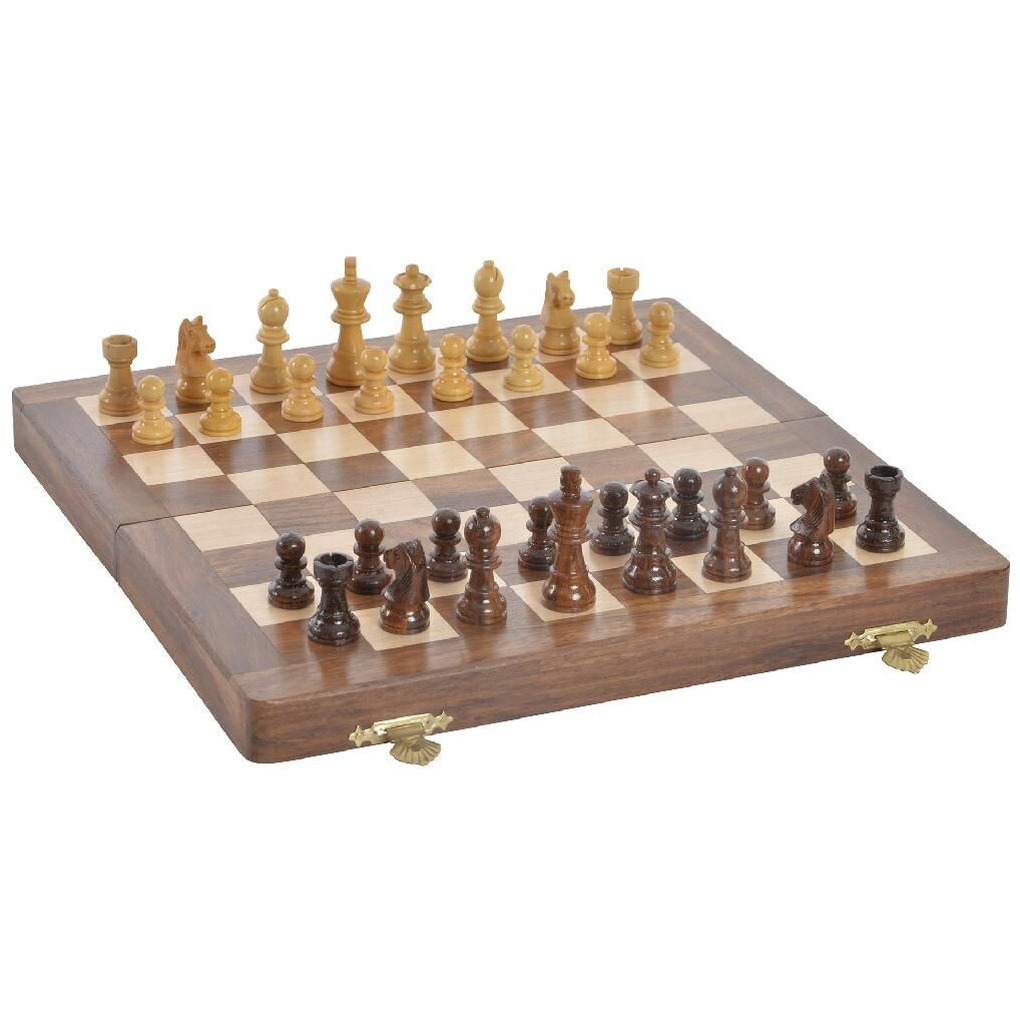 Houten schaakspel in kist-koffer 30 x 30 cm