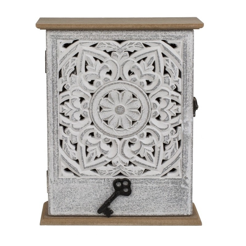 Houten sleutelkast-sleutelkluis met open bloemmotief 20 x 26 cm