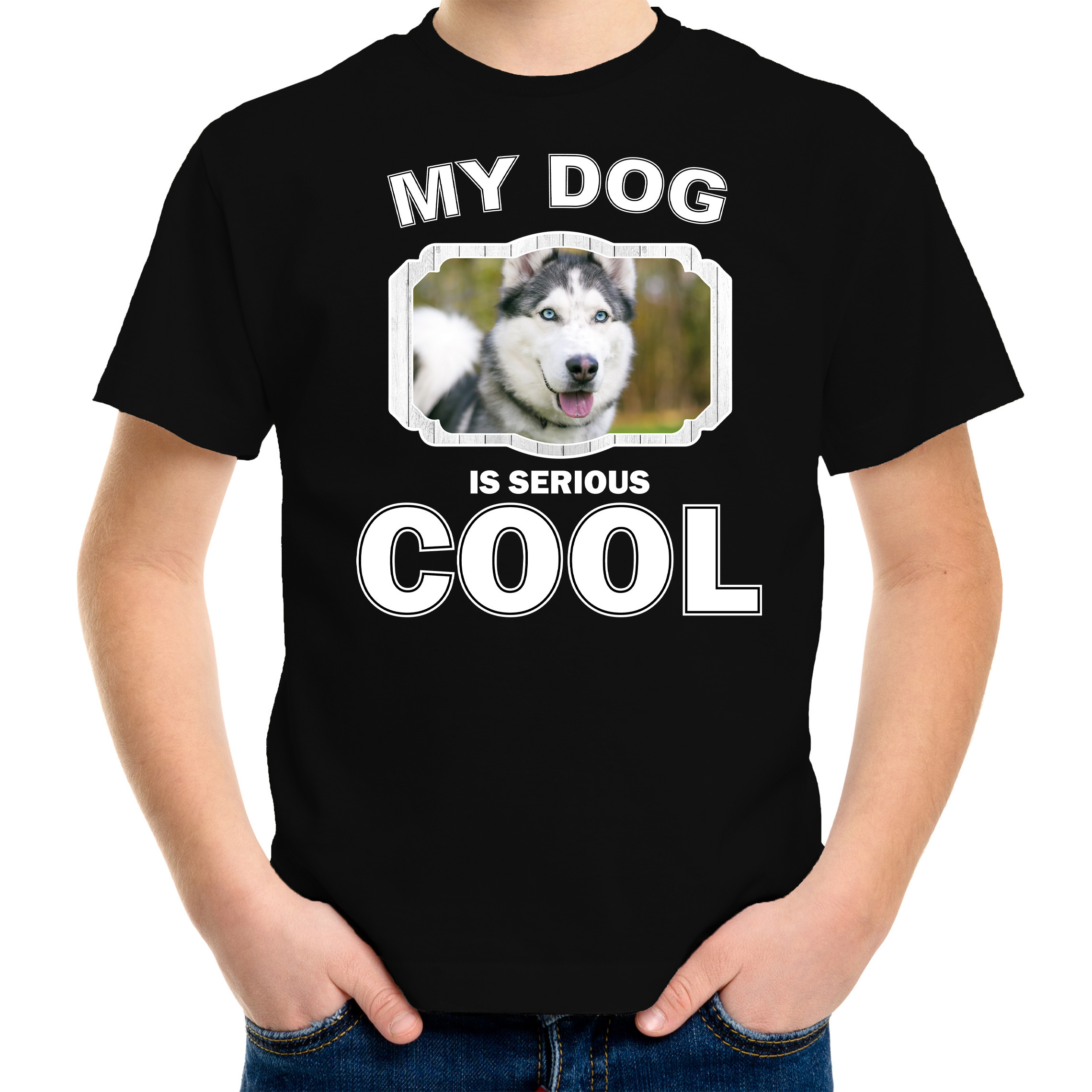 Husky honden t-shirt my dog is serious cool zwart voor kinderen