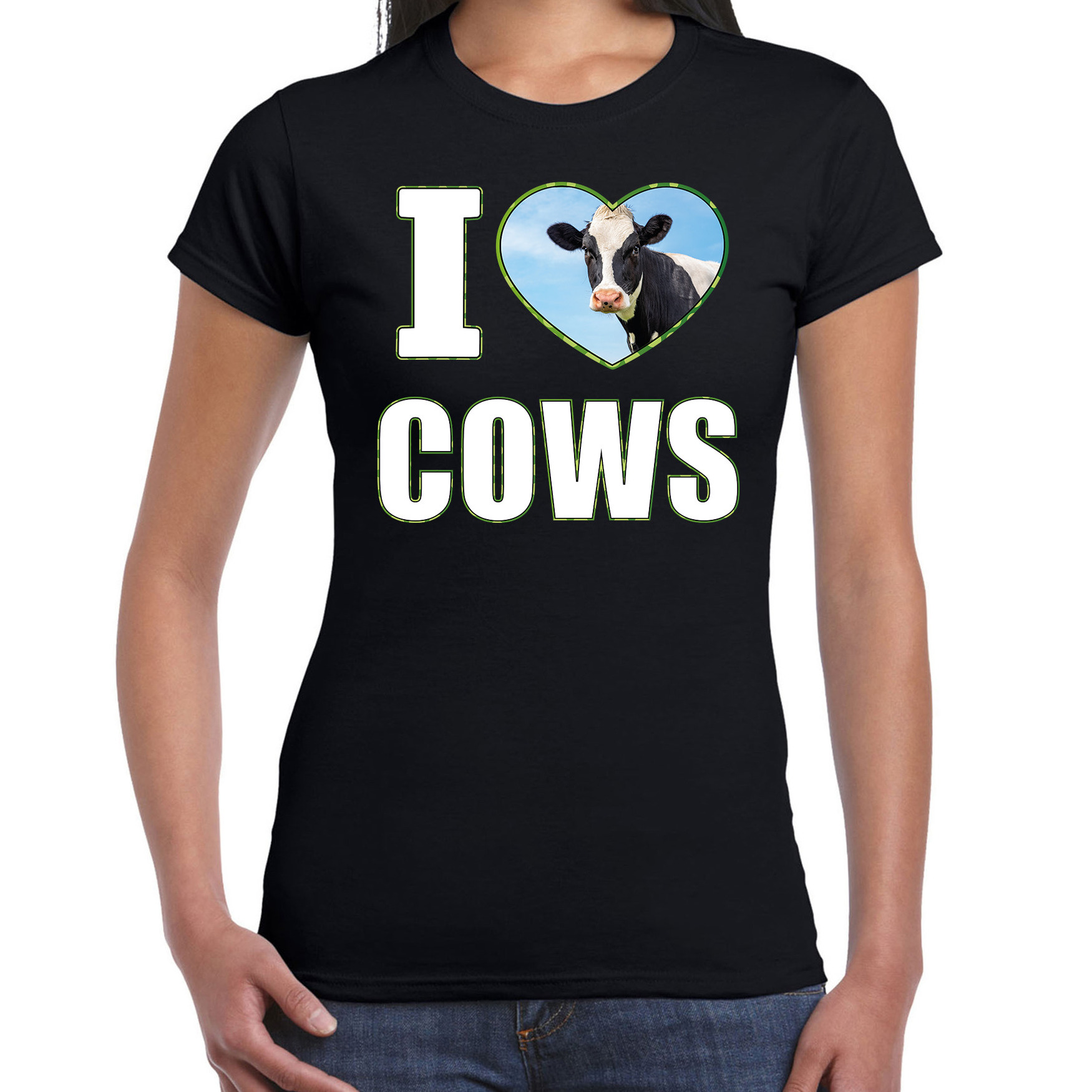 I love cows t-shirt met dieren foto van een koe zwart voor dames