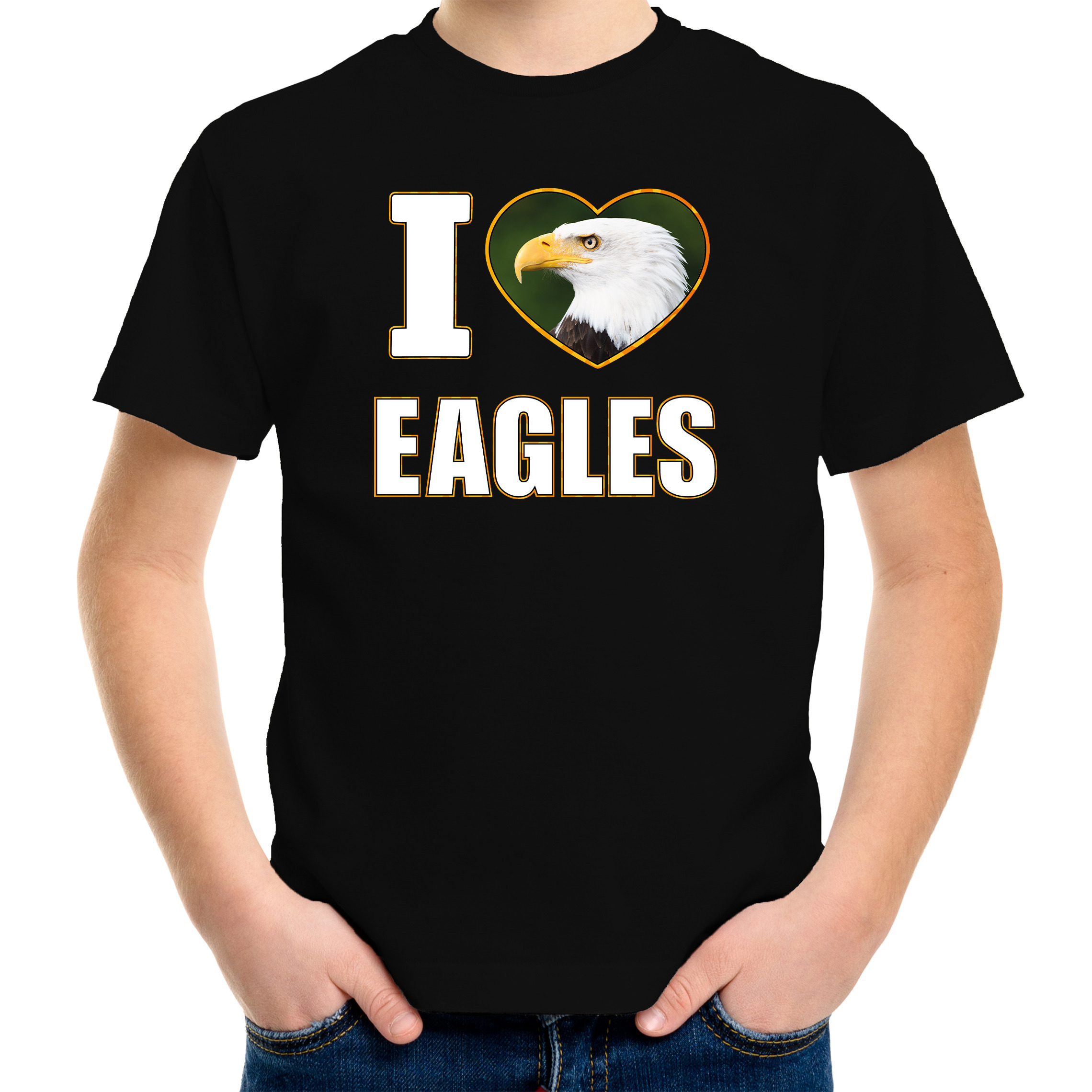 I love eagles t-shirt met dieren foto van een amerikaanse zeearend zwart voor kinderen