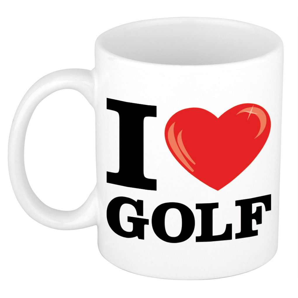 I Love Golf cadeau mok-beker wit met hartje 300 ml