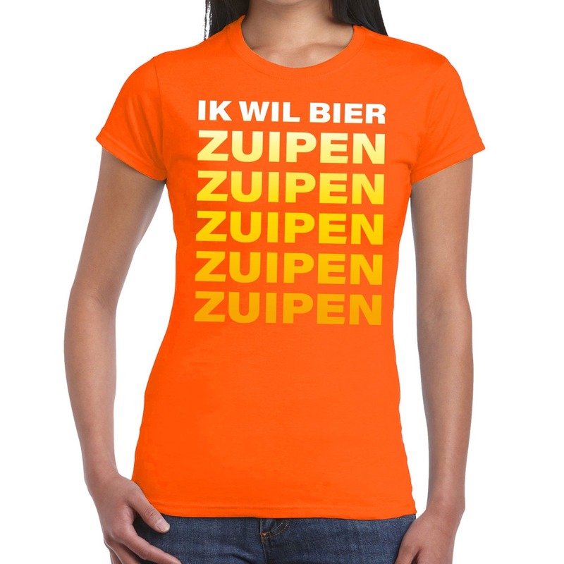 Ik Wil Bier Zuipen tekst t-shirt oranje dames