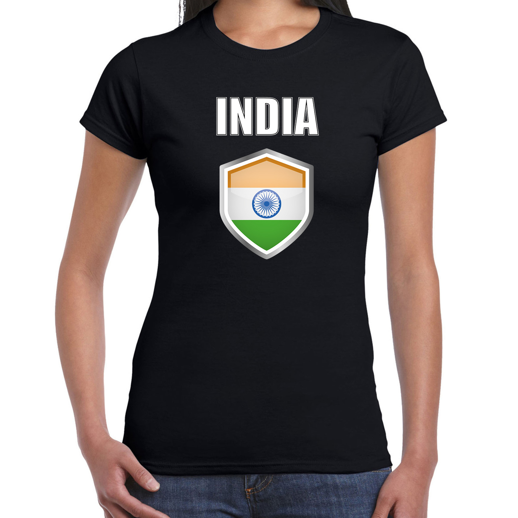 India landen supporter t-shirt met Indiaanse vlag schild zwart dames
