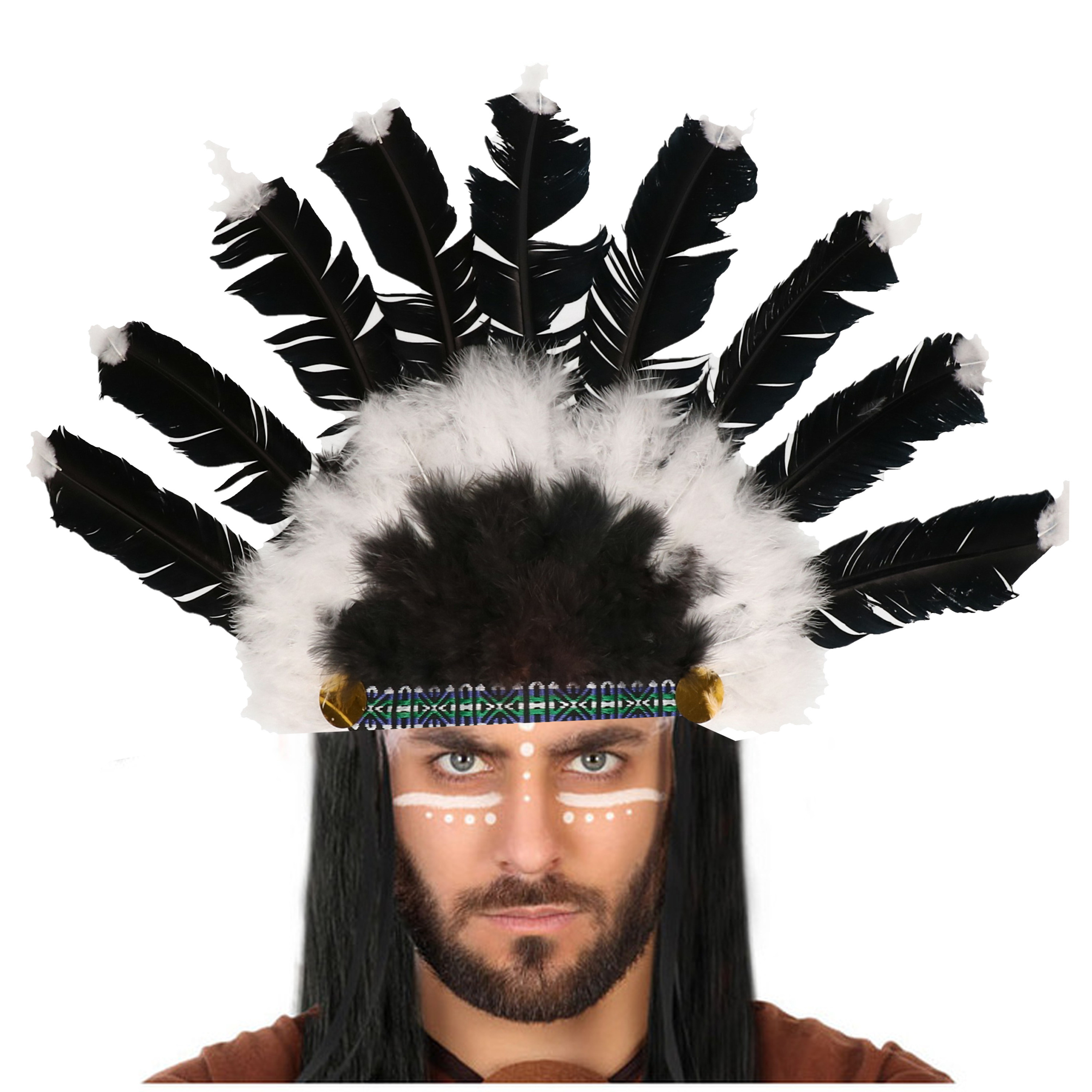 Indianen veren tooi voor heren zwart-wit met ornamenten verkleed accessoires