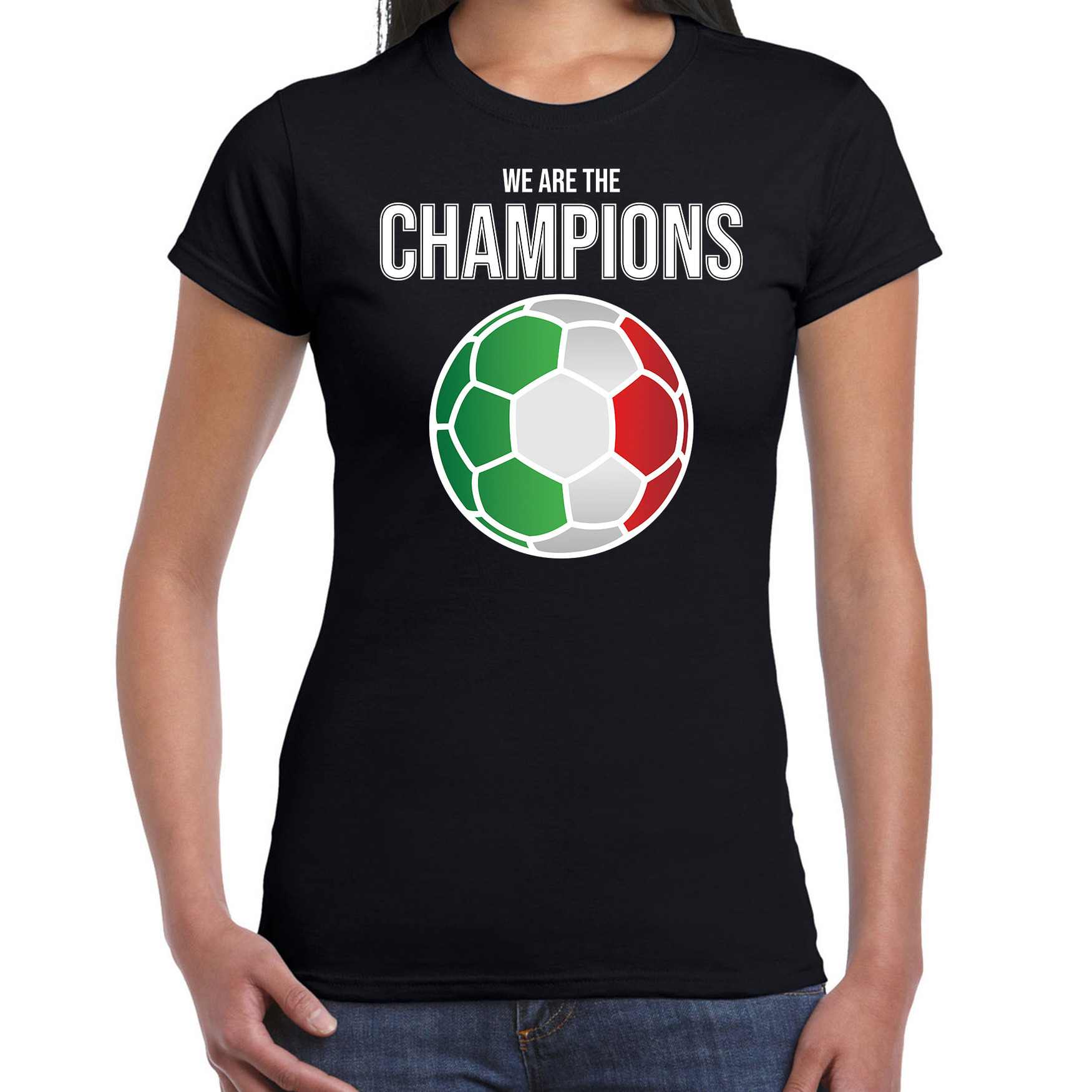 Italie EK- WK supporter t-shirt we are the champions met Italiaanse voetbal zwart dames