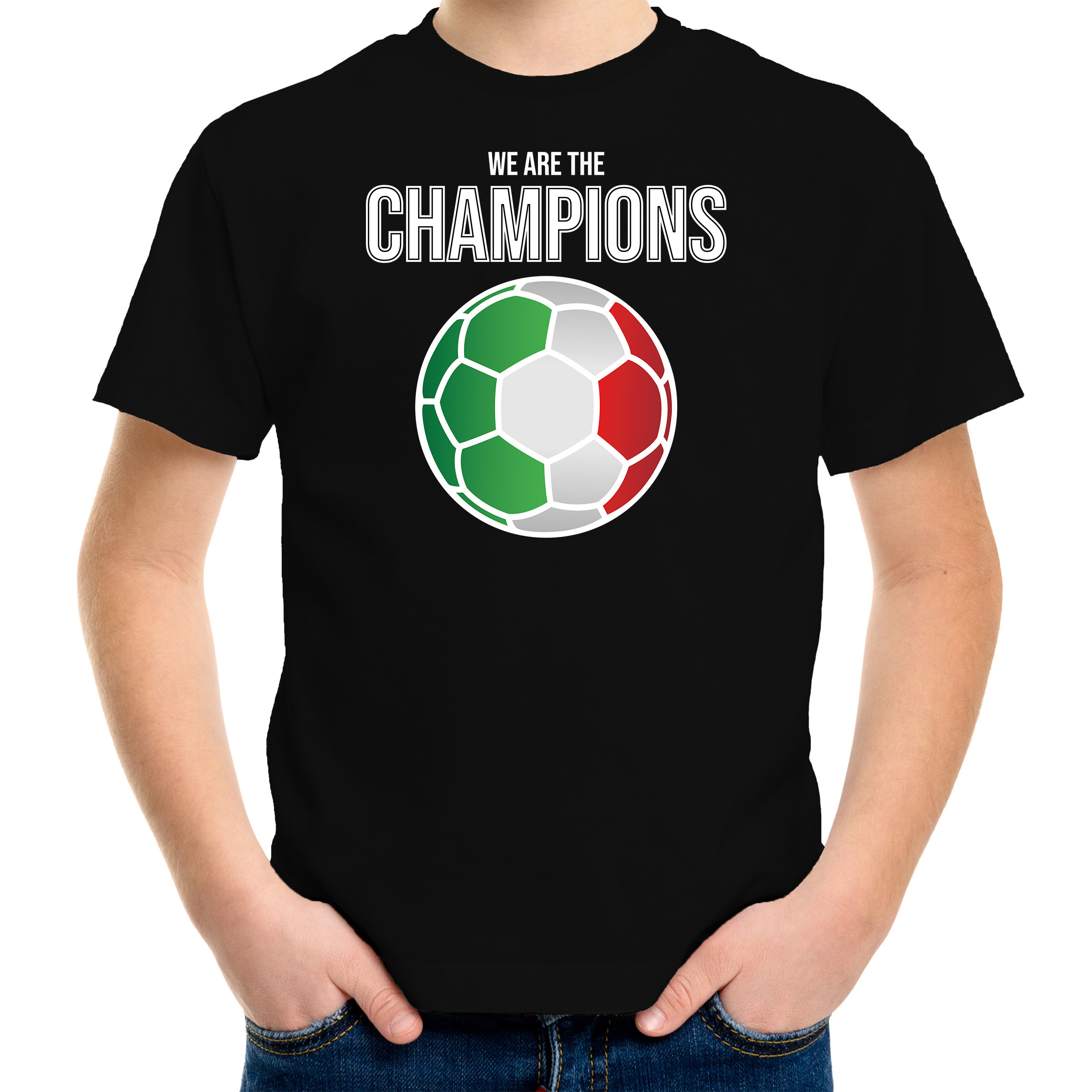 Italie EK- WK supporter t-shirt we are the champions met Italiaanse voetbal zwart kinderen