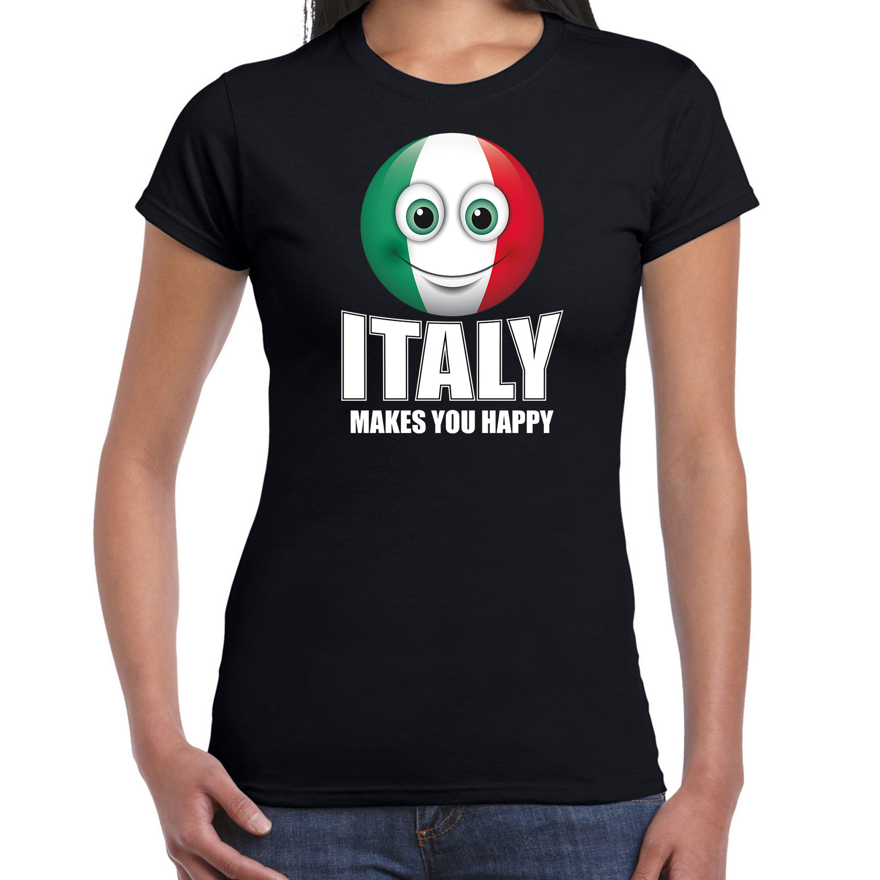 Italy makes you happy landen t-shirt Italie zwart voor dames met emoticon