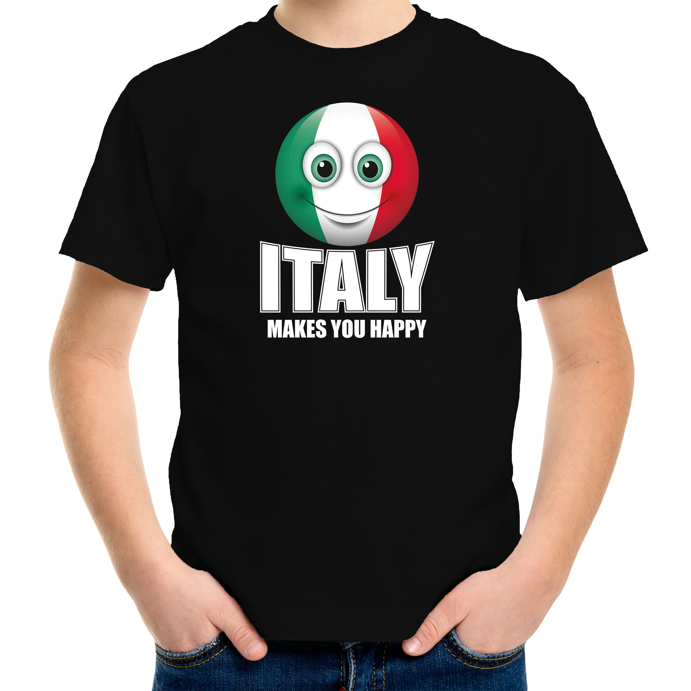 Italy makes you happy landen t-shirt Italie zwart voor kinderen met emoticon