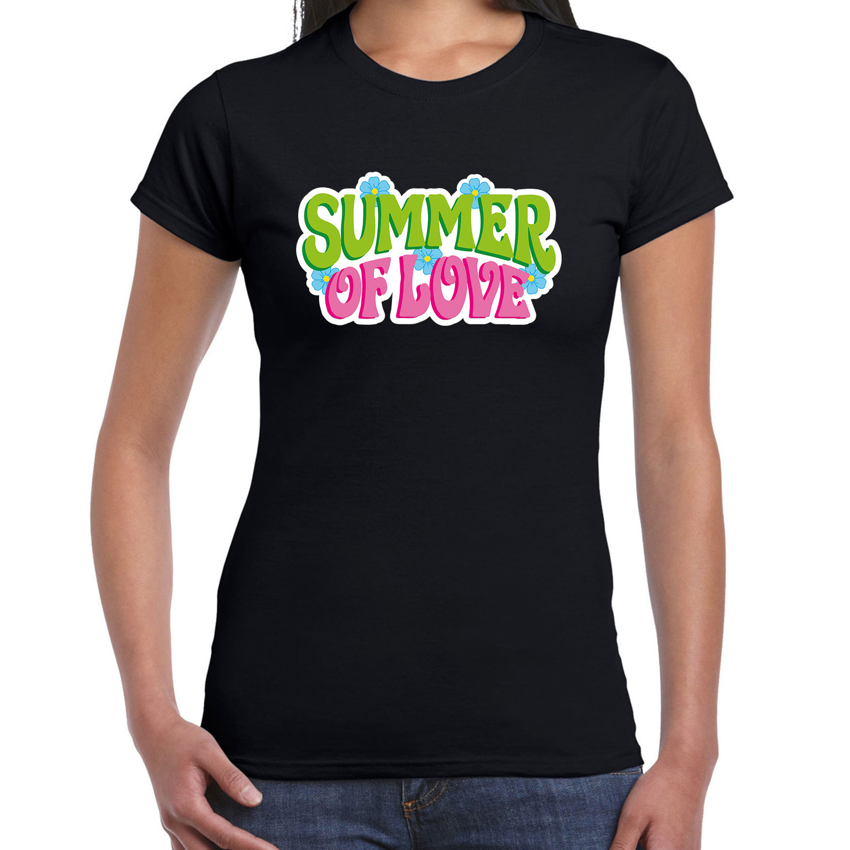 Jaren 60 Flower Power Summer Of Love verkleed shirt zwart dames