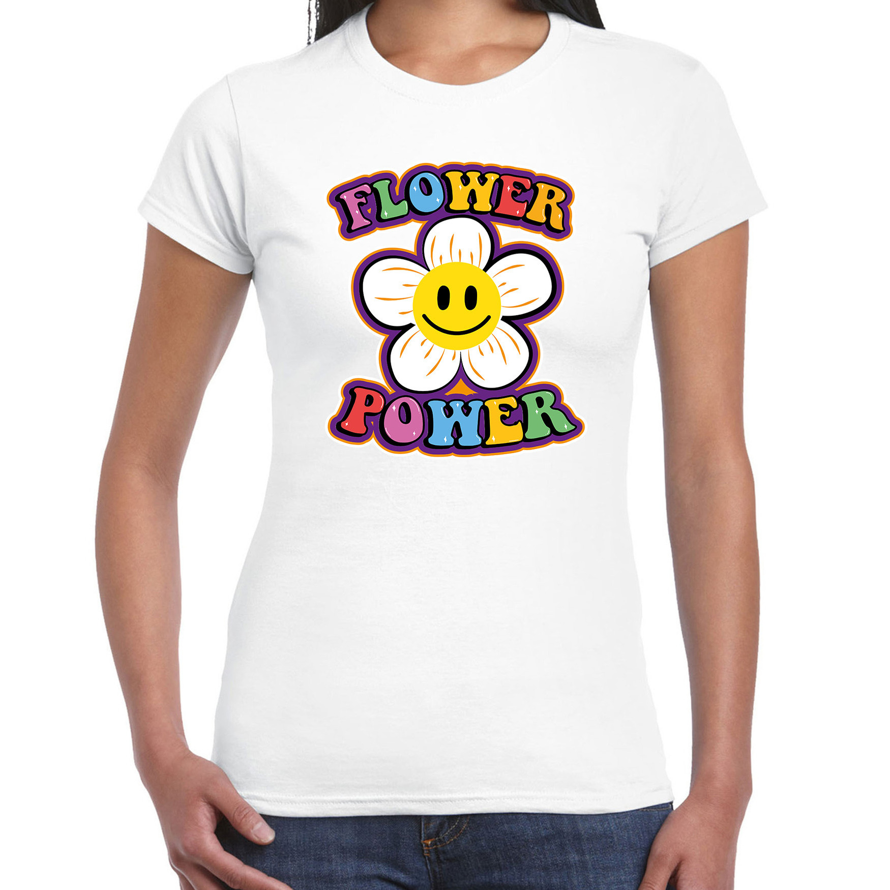 Jaren 60 Flower Power verkleed shirt wit met emoticon bloem dames
