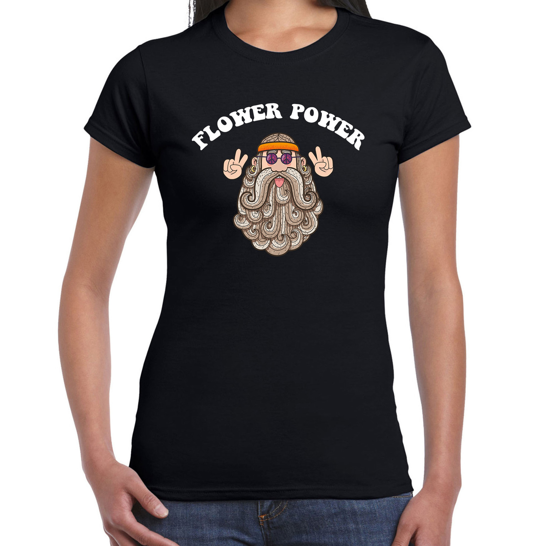 Jaren 60 Flower Power verkleed shirt zwart met hippie dames