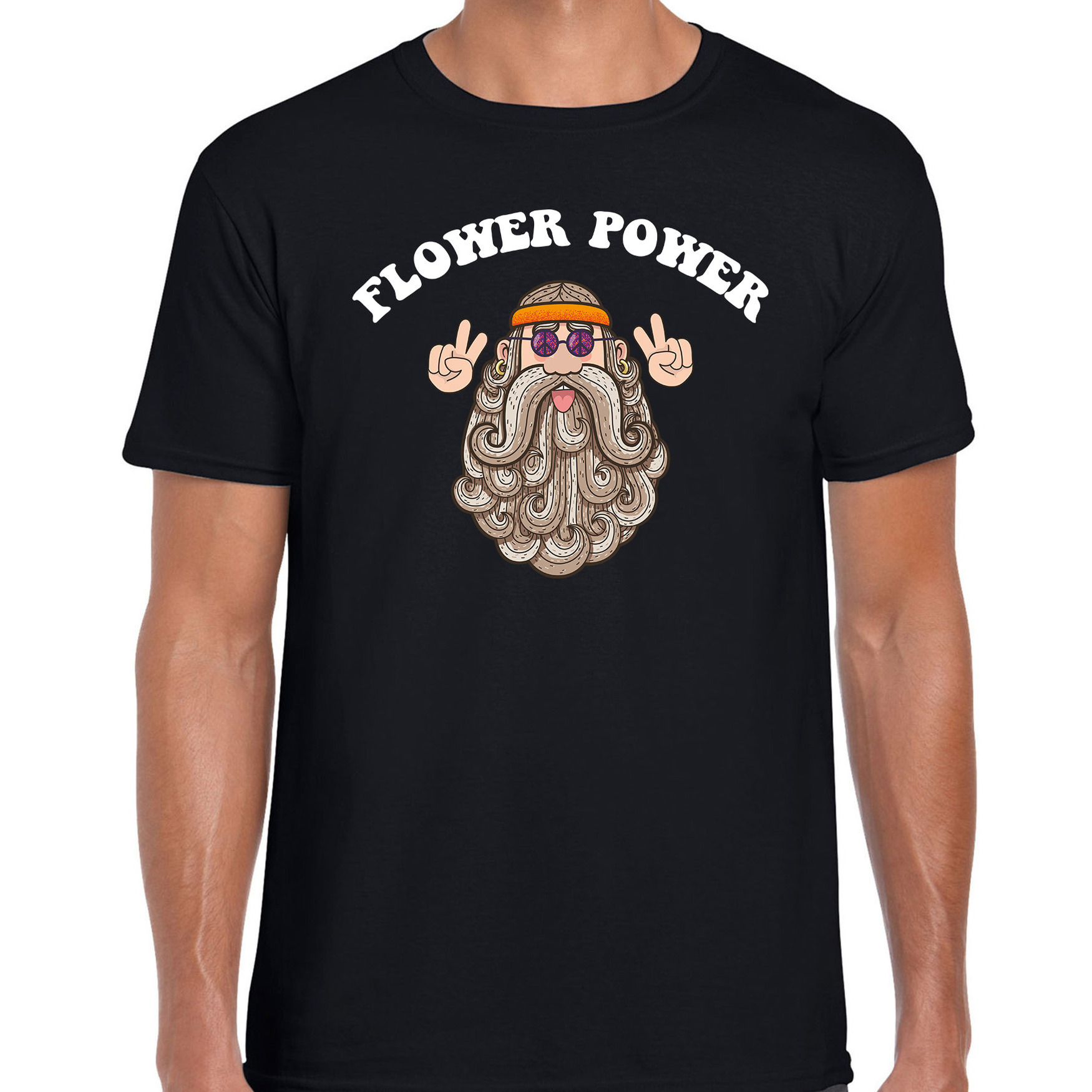 Jaren 60 Flower Power verkleed shirt zwart met hippie heren