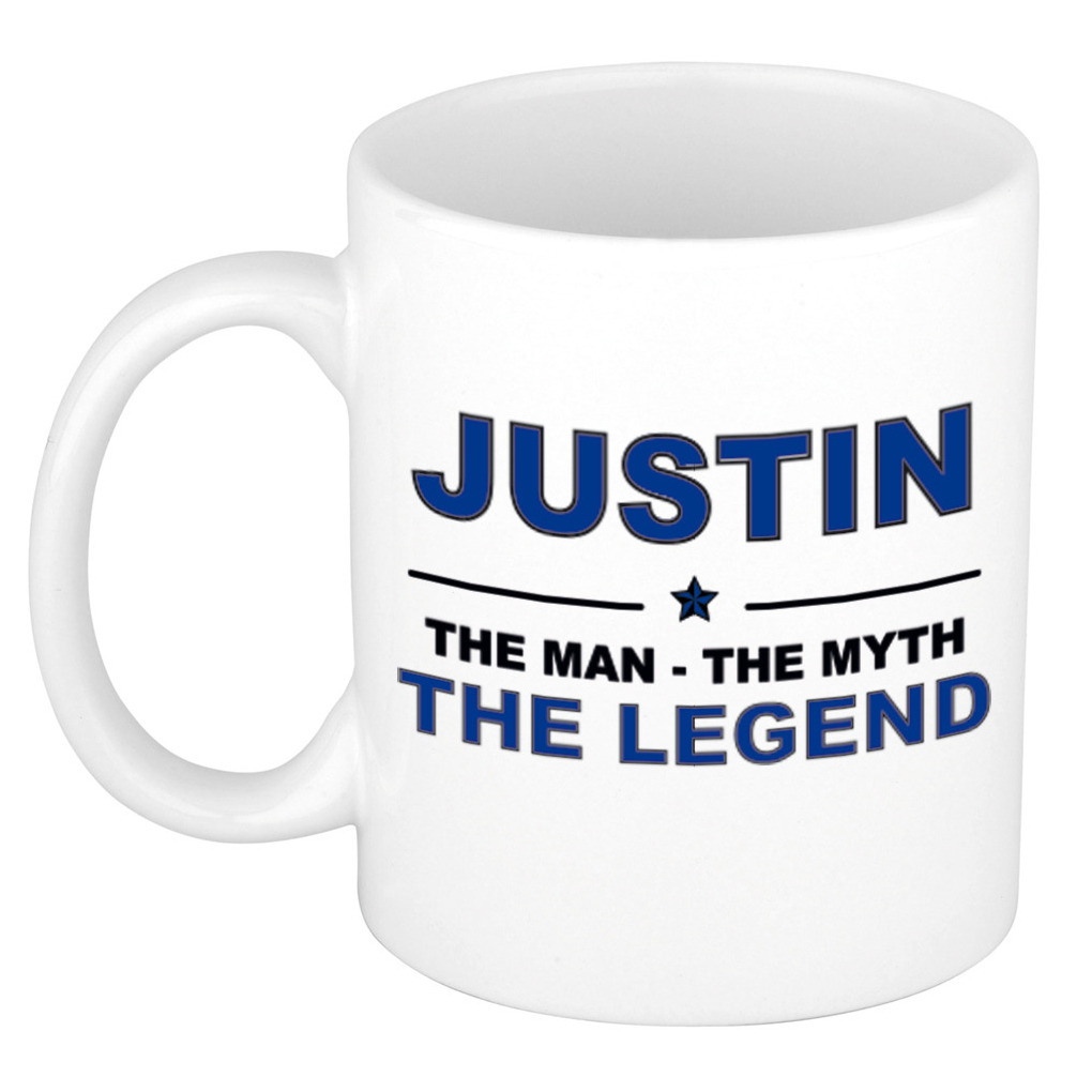 Justin The man, The myth the legend verjaardagscadeau mok-beker keramiek 300 ml