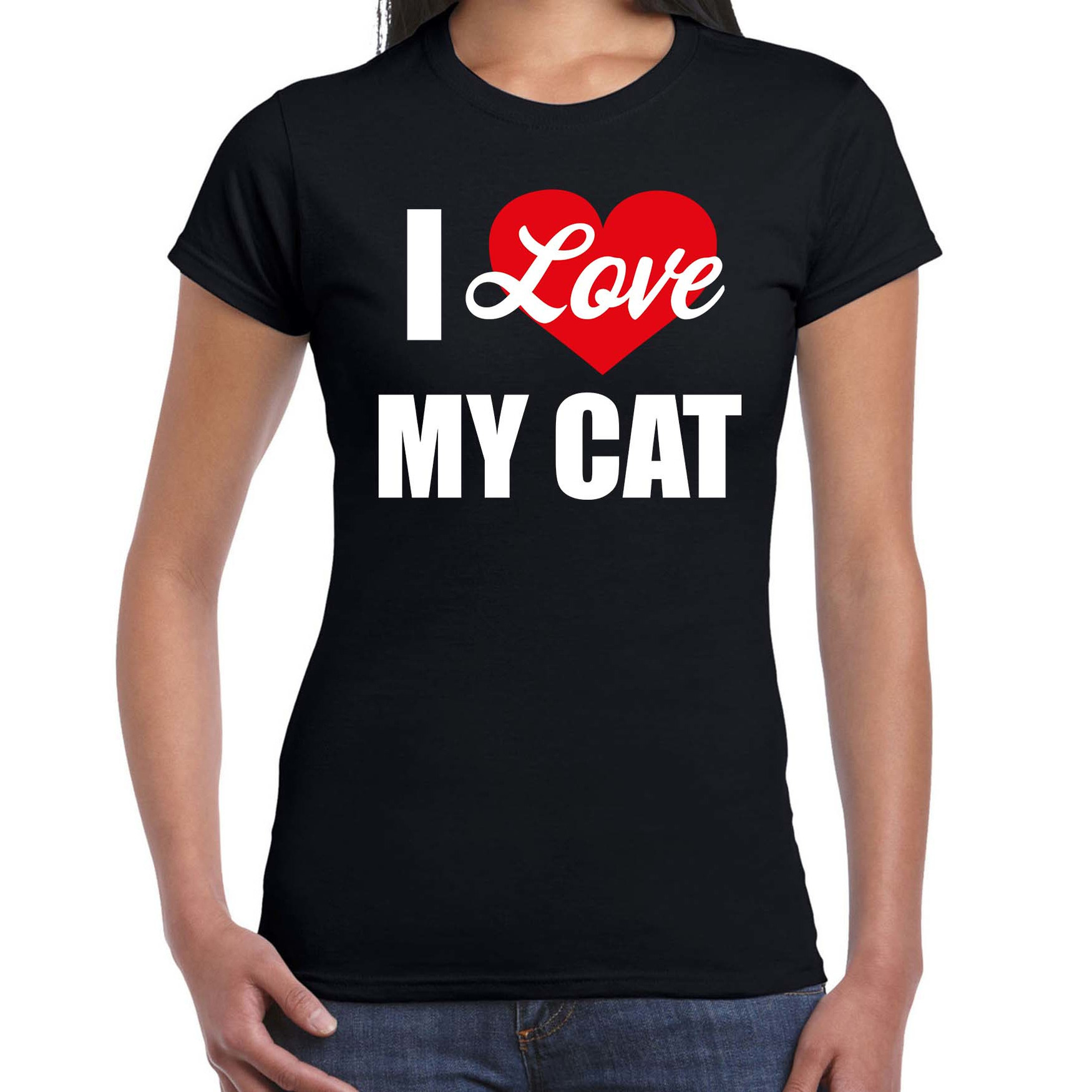 Katten t-shirt I love my cat-Ik hou van mijn kat-poes zwart voor dames