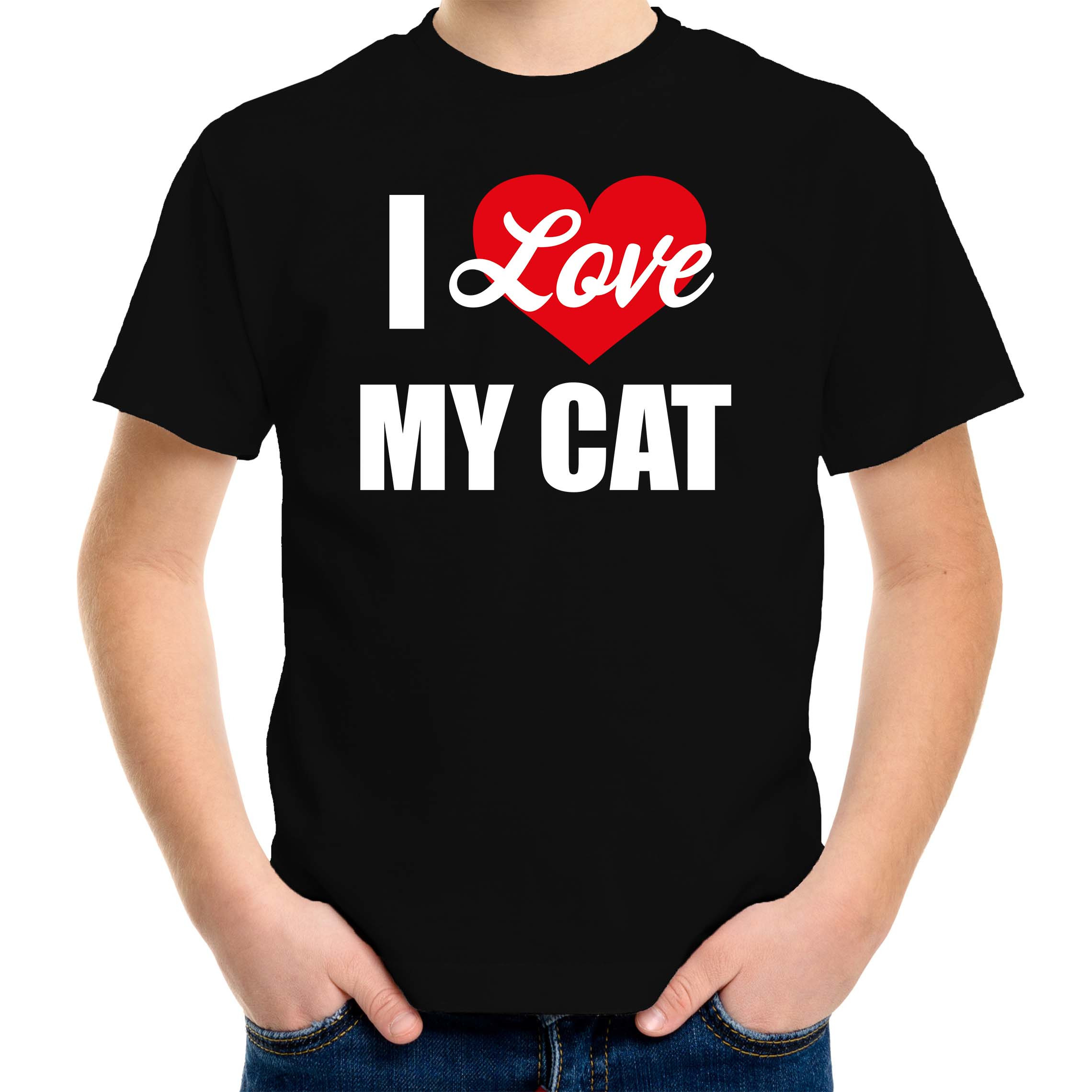 Katten t-shirt I love my cat-Ik hou van mijn kat-poes zwart voor kinderen