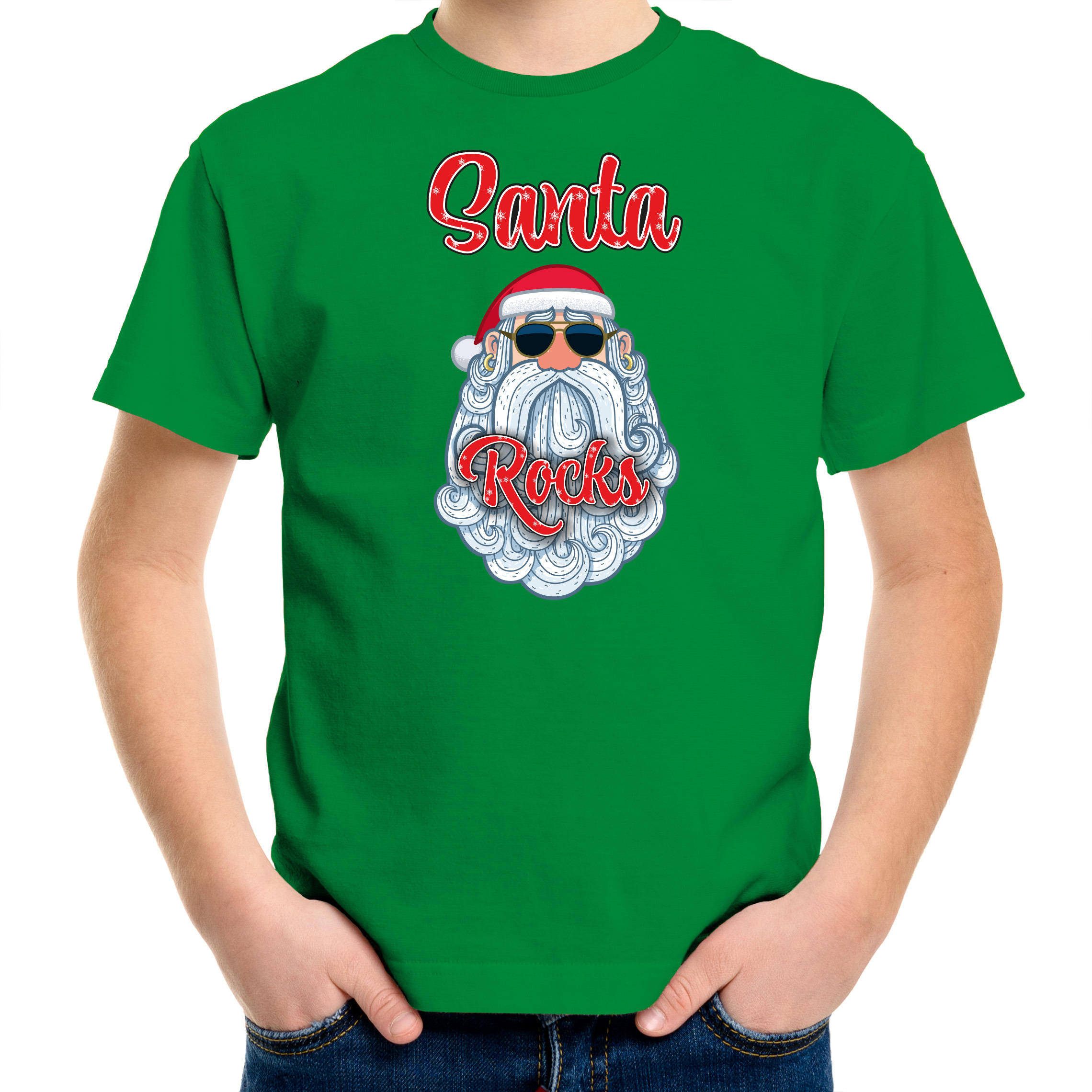 Kerst t-shirt voor kinderen Kerstman Santa Rocks groen