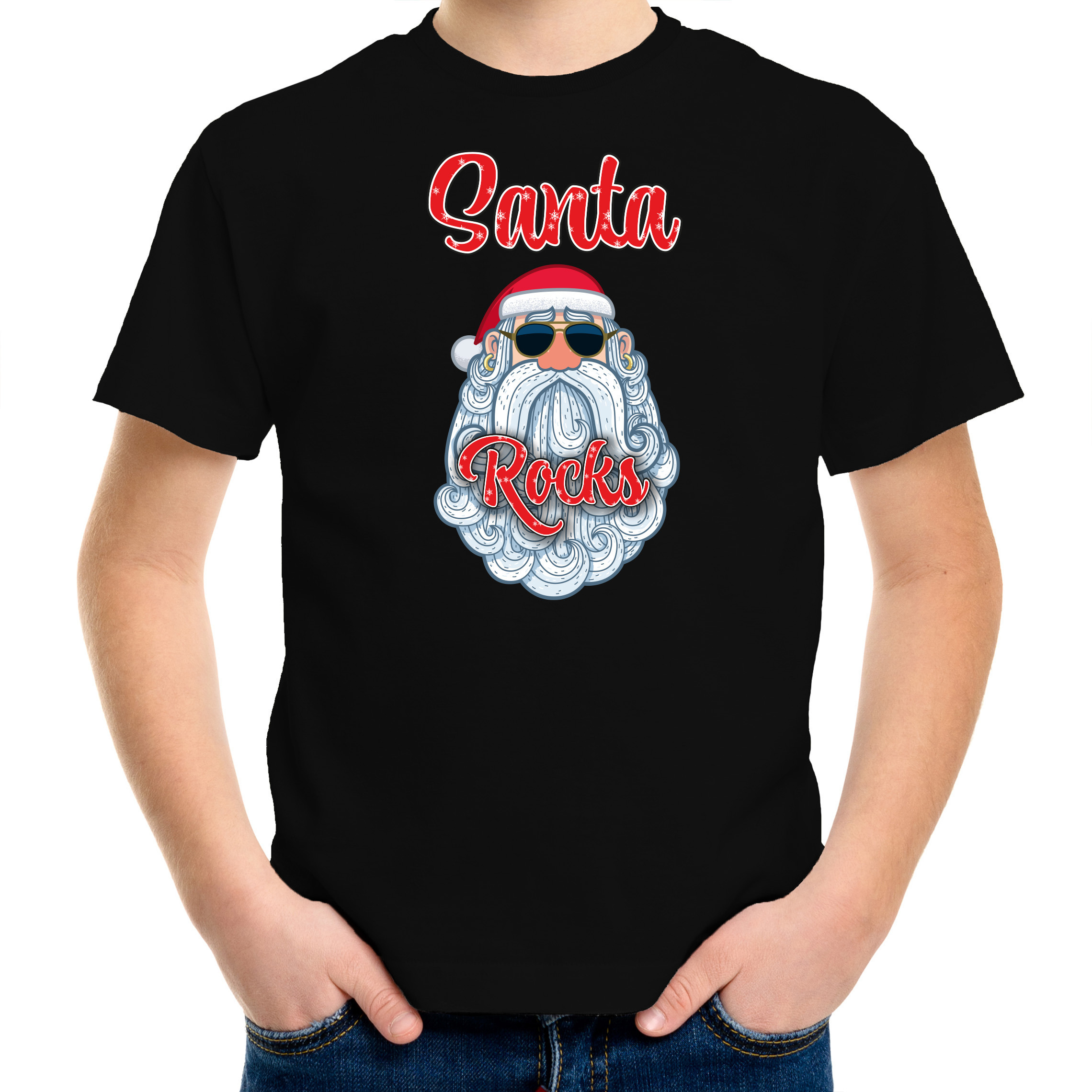 Kerst t-shirt voor kinderen Kerstman Santa Rocks zwart