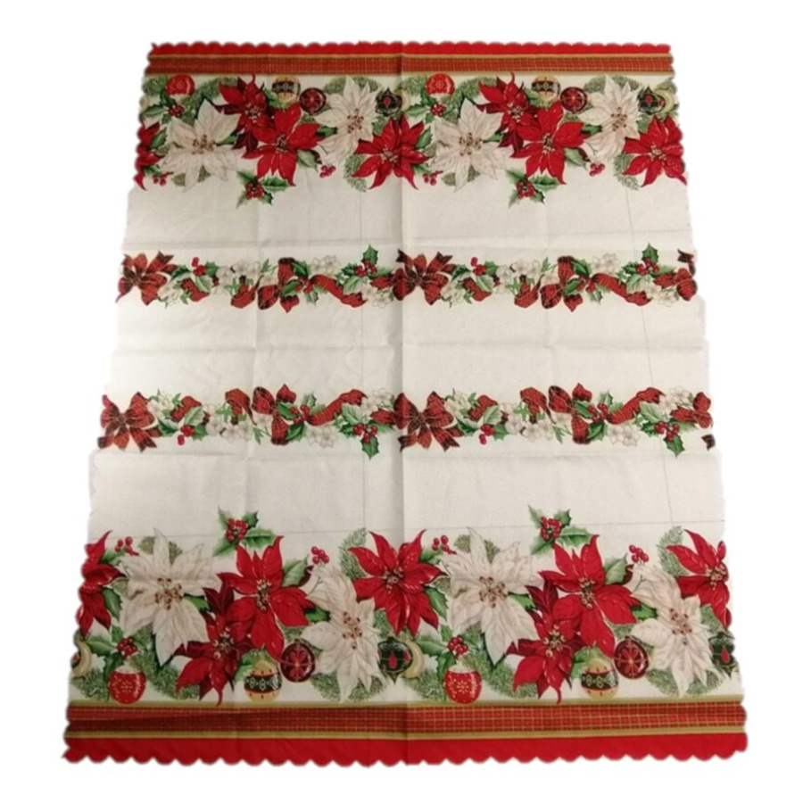 Kerst thema print tafelkleed van 150 x 180 cm Kerstbloemen print in ecru-groen-rood