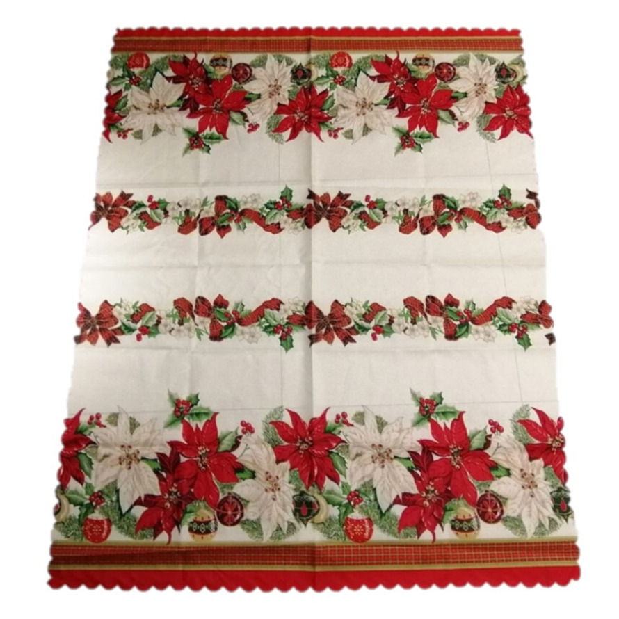 Kerst thema print tafelkleed van 150 x 250 cm Kerstbloemen print in ecru-groen-rood