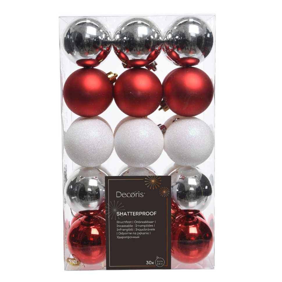 Kerstballen 30x kunststof rood-wit parelmoer-zilver 6 cm