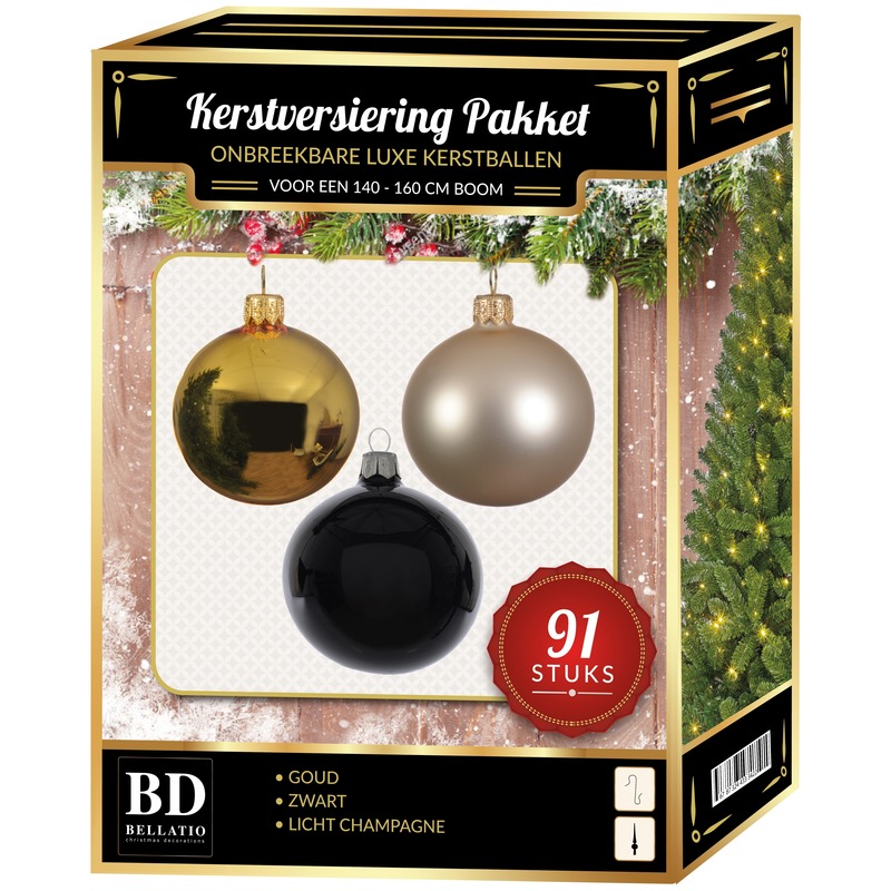 Kerstballen met piek set goud-champagne-zwart voor 150 cm Kerstboom
