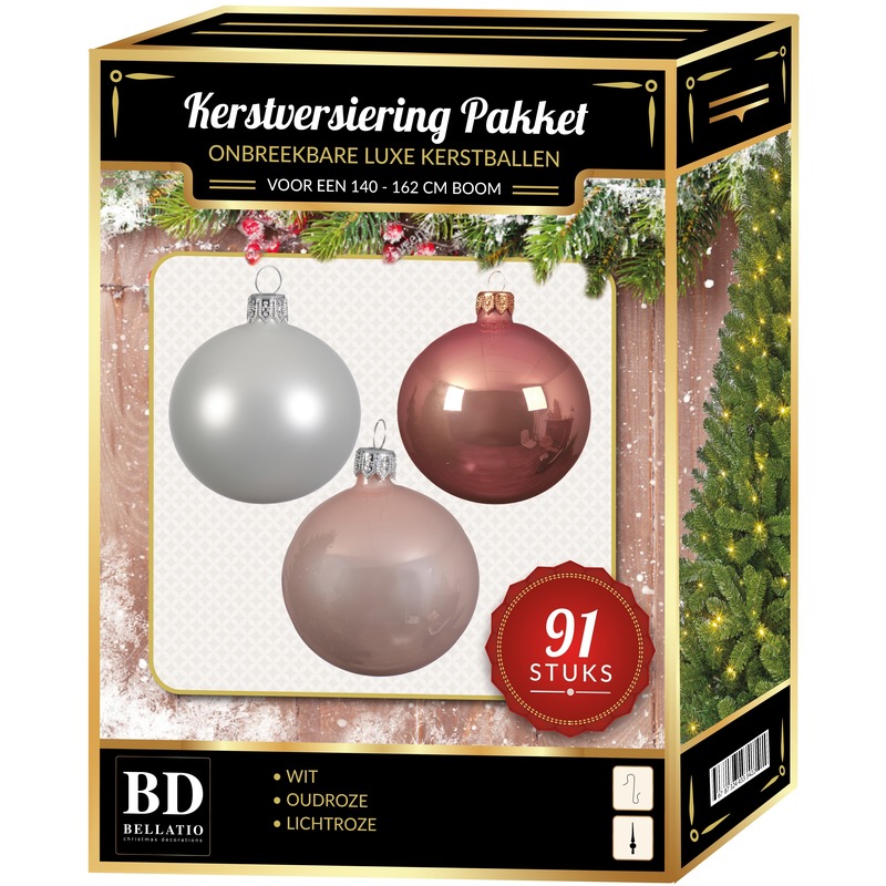 Kerstballen met piek set wit-oud roze-lichtroze voor 150 cm Kerstboom