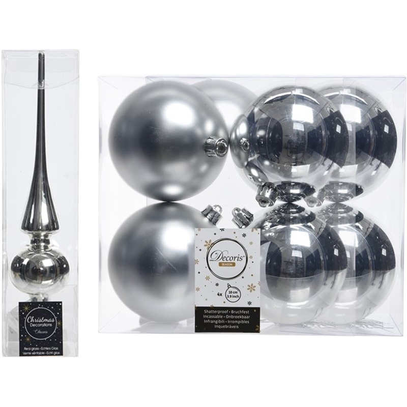 Kerstboom optuigen set zilver glazen piek en 8x kunststof ballen 10 cm