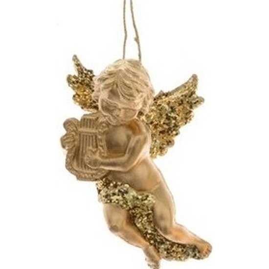 Kerstboomhanger-Kersthanger gouden engelen met harp 10 cm