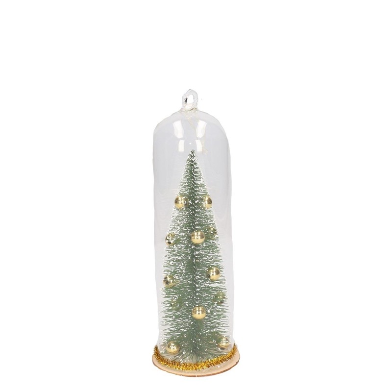 Kerstboomhanger-Kersthanger gouden kerstboom in glazen stolp 22 cm